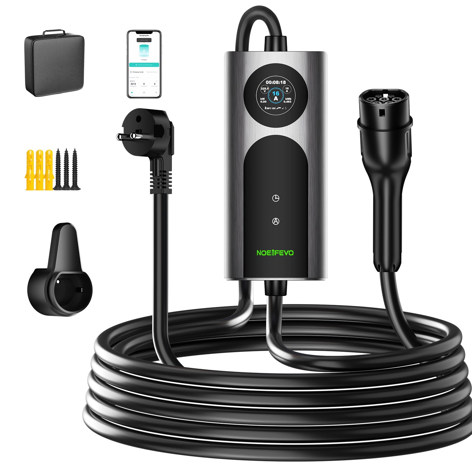 NOEIFEVO CY01 Typ 2 nabíjecí kabel Schuko 220V, 3,7kW mobilní Wallbox s APP, 6-16A 1fázový nabíjecí kabel pro všechny EV (IEC 62196-2) & PHEV