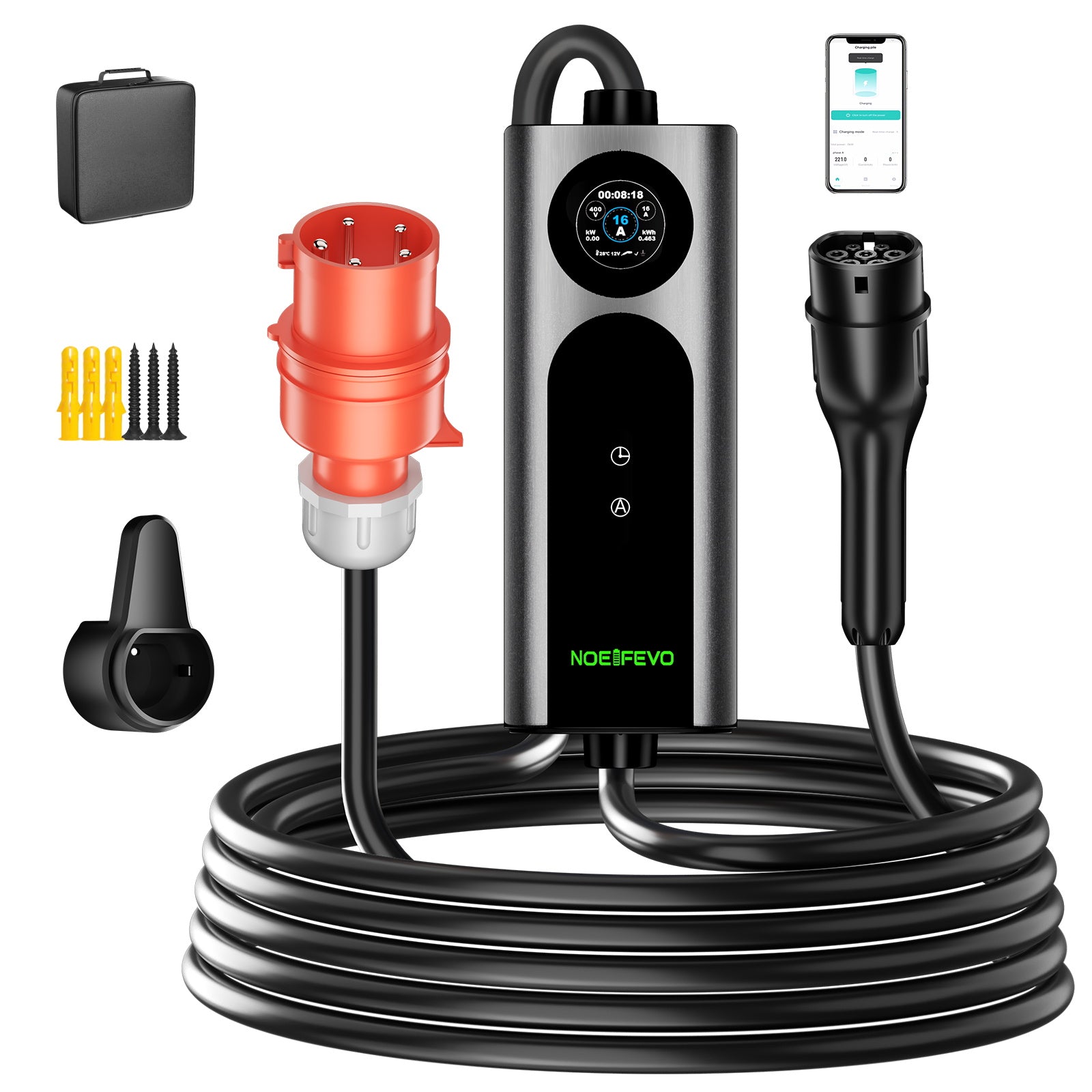 Noeifevo Typ2 Mobilní EV Wallbox, 11KW 3-fázový CEE16A Nastavitelný výkon nabíjení EV nabíječka, 5m/10m/15m EV nabíjecí kabel pro Model Y/3, ID.3/4/5, MG4, EX30, e-up, e-tron, Zoe a další EV.