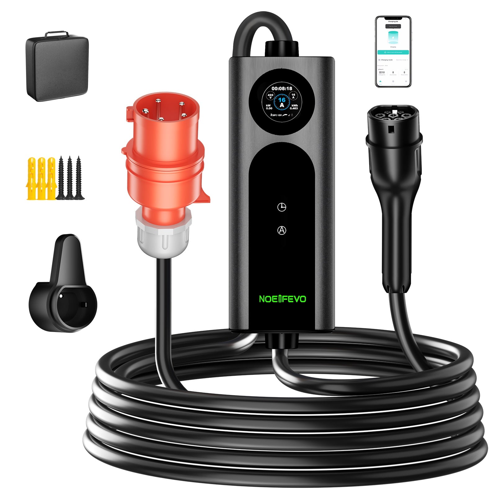 NOEIFEVO 2026 Pro mobil wallbox 11 kW med app, elbil CEE 16A til Type 2 ladekabel, 3-faset EV-lader til alle EV'er (IEC 62196-2) & PHEV'er