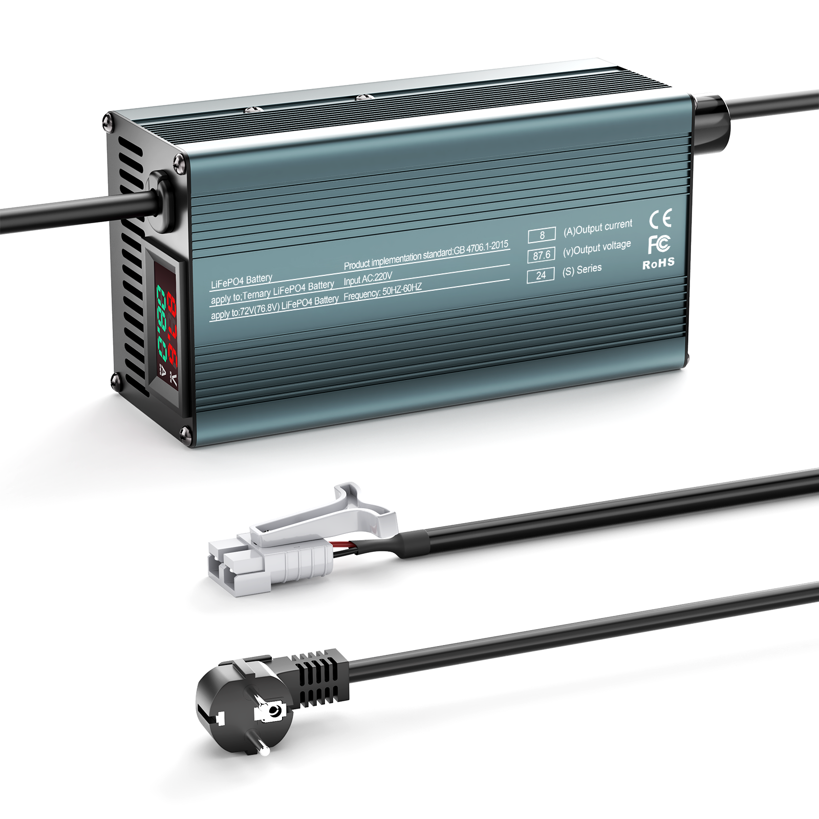 NOEIFEVO 87.6V 8A Lithium-LiFePO4-batterilader til 76.8V 24S LiFePO4-batteri, LCD-display, justerbar strøm, oplader til golfbiler, trollingmotorer, både og campingvogne