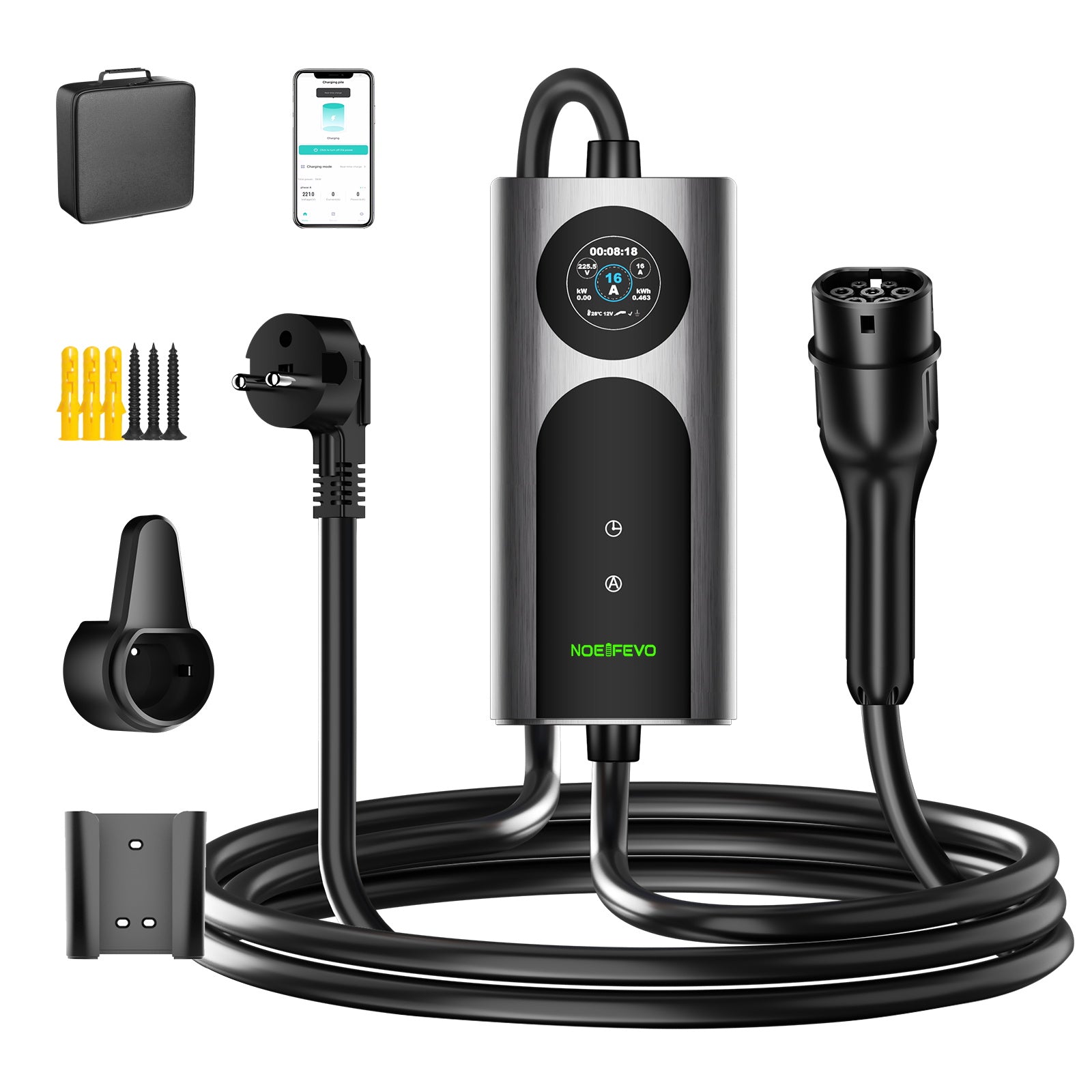 NOEIFEVO CY01 Type 2 Ladekabel Schuko 220V, 3,7kW Mobil Wallbox med APP, 6-16A 1-faset Ladekabel til Alle Elbiler (IEC 62196-2) & PHEVS