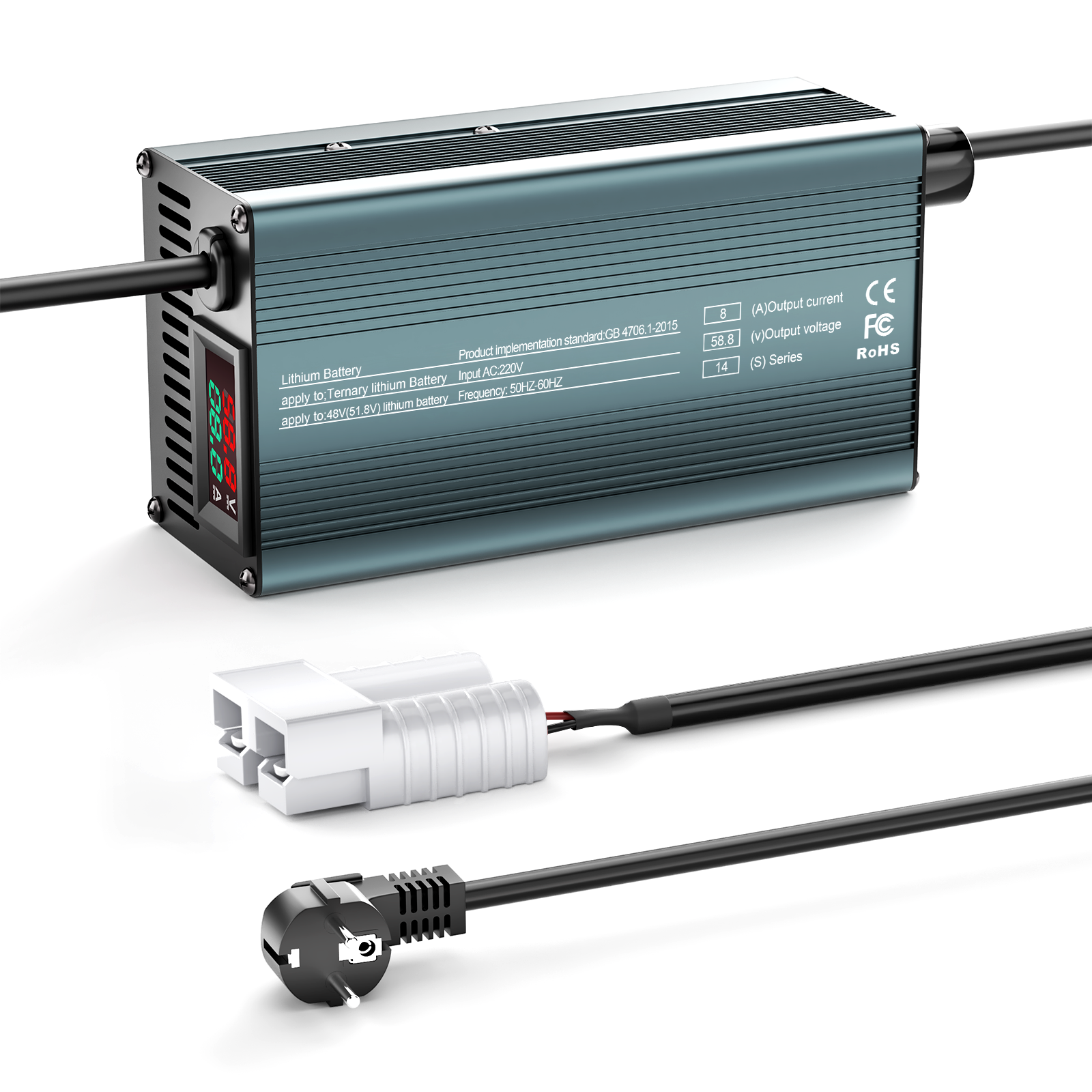 NOEIFEVO 58.8V 8A 14S Lithium-batterijlader voor 14S 51.8V Li-ion batterijen, stroominstelling 1-8A, langzaam laden en snel laden (MLC1300)