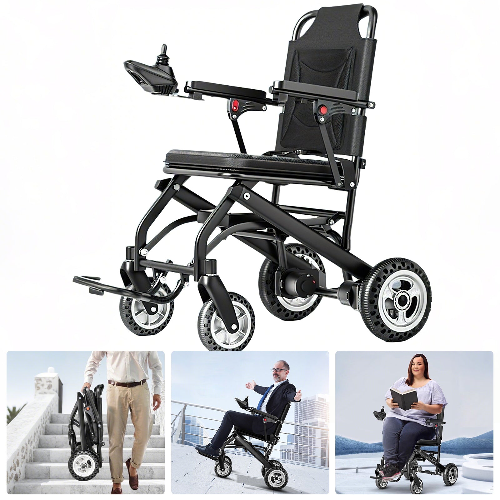 Elektrický invalidní vozík – 13.6kg, 300W motor, odnímatelný lithiumový akumulátor, elektromagnetická brzda, nosnost 100kg, lehký elektrický skládací vozík ideální pro cestování & každodenní použití