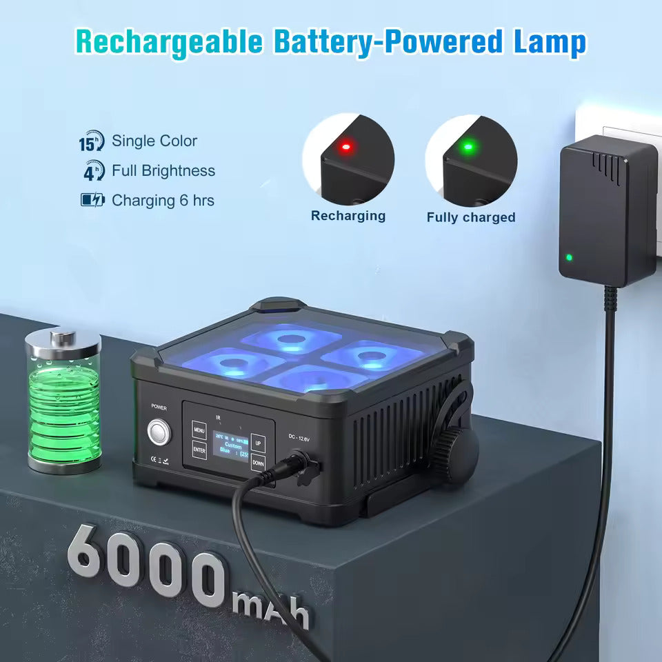 40W vanntett LED-PAR-lyskaster (4x10W RGBWA+UV) med innebygd batteri og DMX-styring for DJ-er og diskoteker