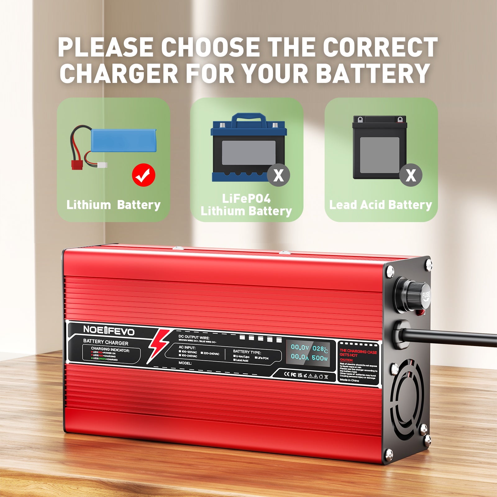 NOEIFEVO 12V 20A Blei-Säure-Batterieladegerät, Ladespannung 13,8V-14,7V, automatische Abschaltung, OLED-Display, Aluminiumgehäuse, mit Lüfter