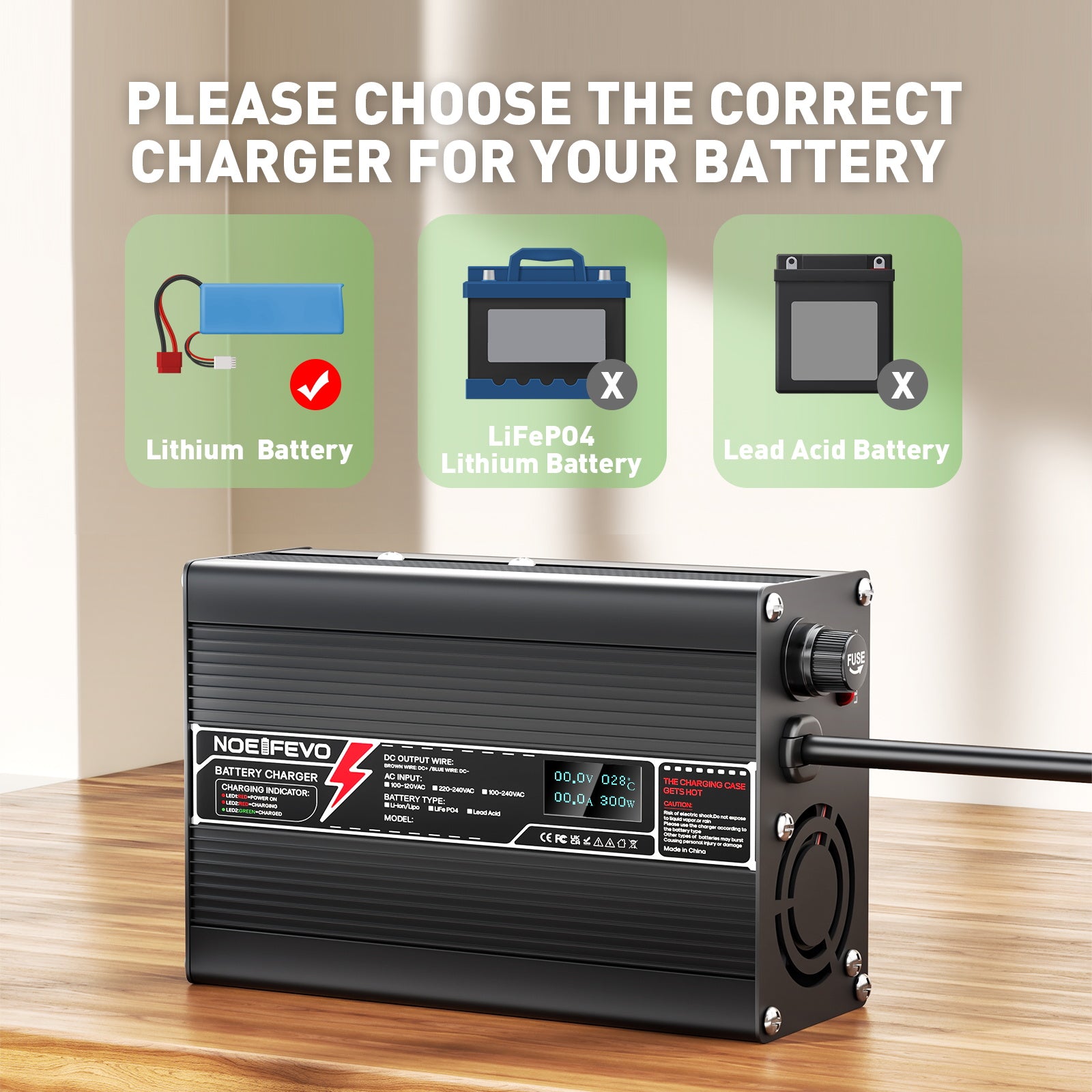 NOEIFEVO 37.8V 3A Lithium-batterilader til 9S 33.3V Li-Ion Lipo-batterier, med LCD-skærm, køleventilator, automatisk afbrydelse