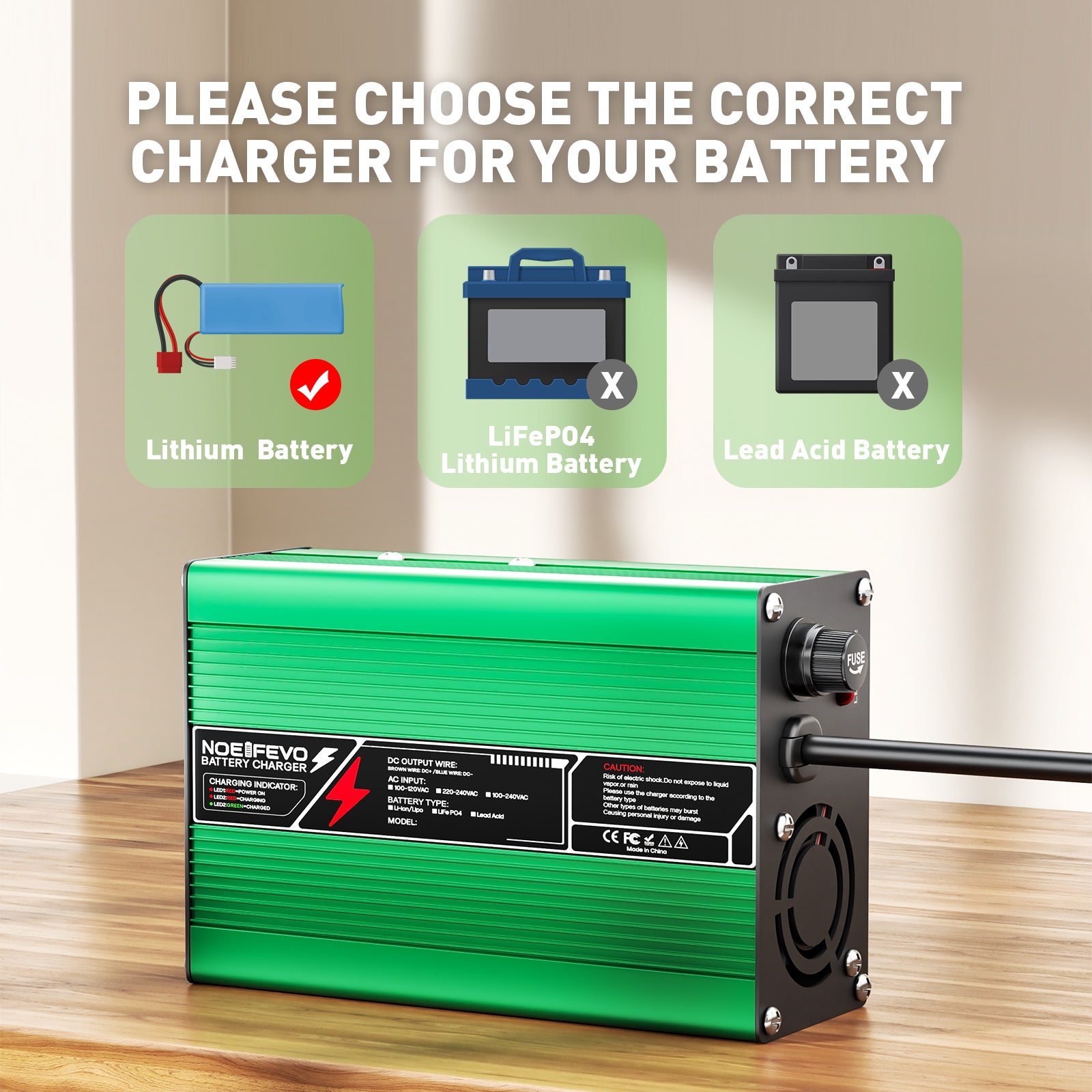 NOEIFEVO 46.2V 4A Lithium-Ladegerät für 11S 40.7V Li-Ion Lipo-Batterien, Kühlventilator, automatischer Abschaltung (GREEN)