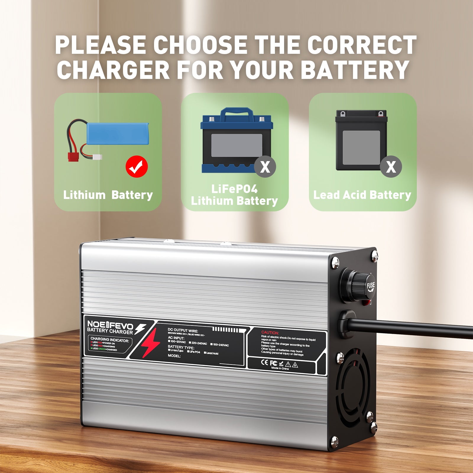 NOEIFEVO 29.4V  2A 3A 4A 5A Caricabatterie al litio per batterie 7S 25.9V Li-Ion Lipo, Ventola di raffreddamento, spegnimento automatico.