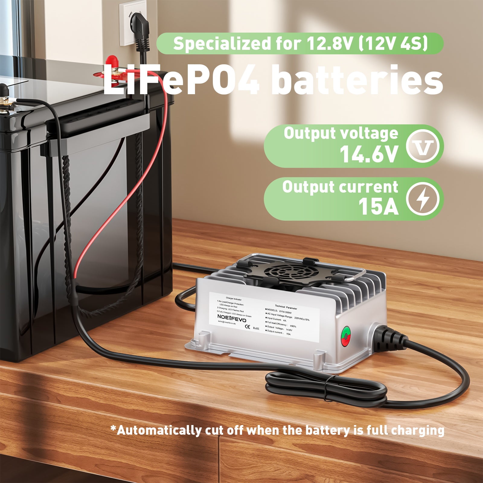 NOEIFEVO 14.6V 15A Wasserdicht LiFePO4 Akku-Ladegerät für 12V(12.8V) 4S LiFePO4 Akku