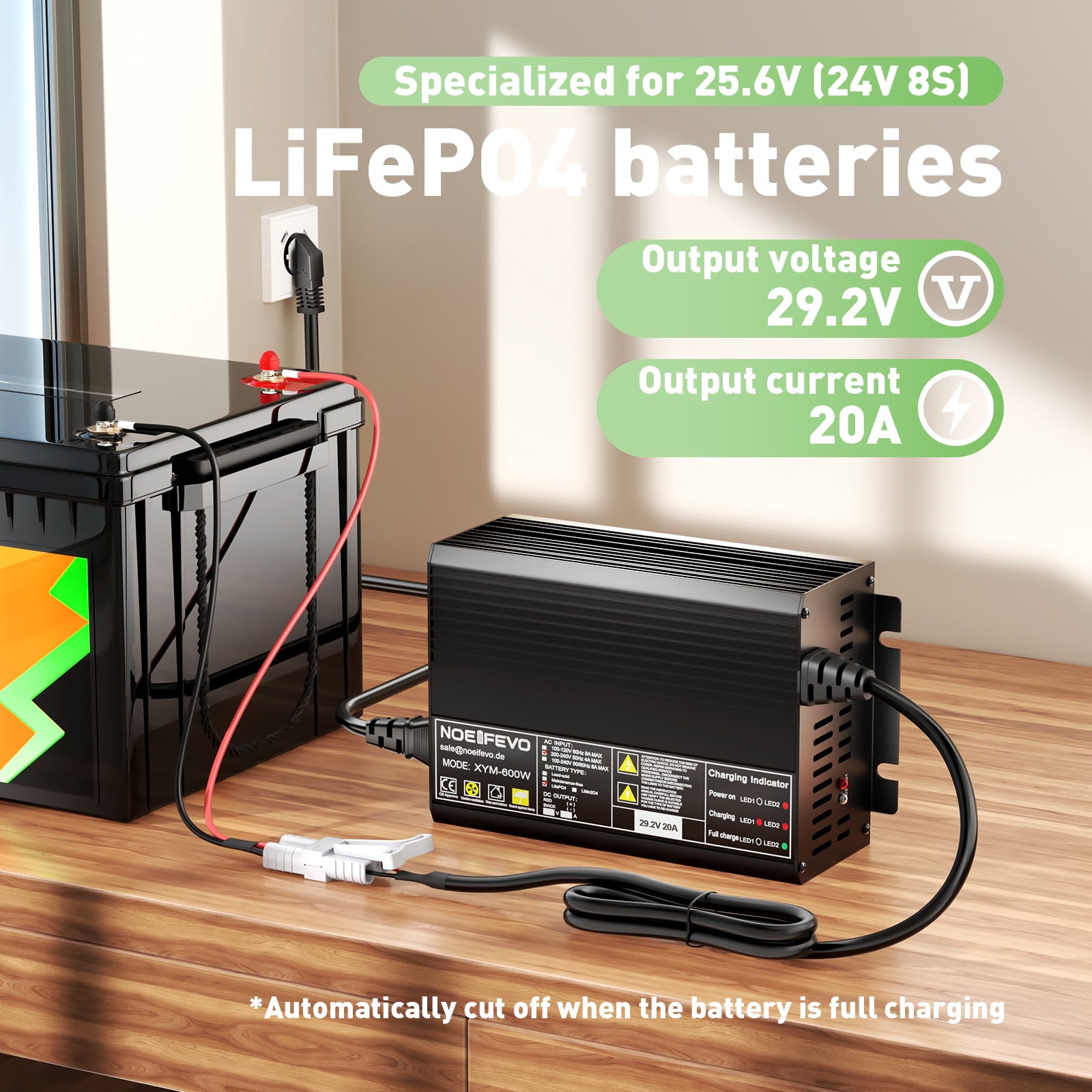 Noeifevo 29.2V 20A LiFePO4 batteriladdare för 24V 25.6V LiFePO4 batteri