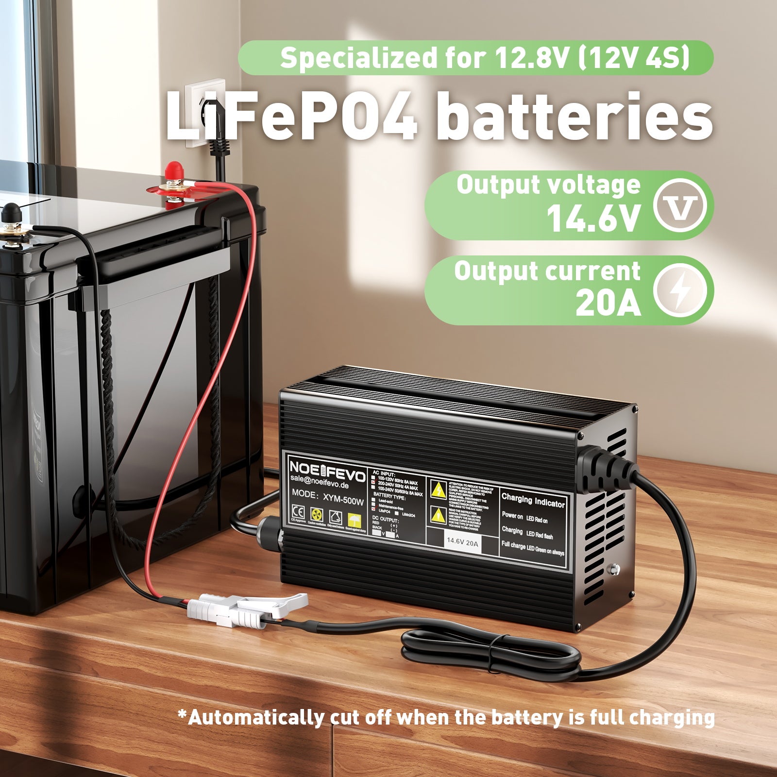 Noeifevo 14,6V 20A LiFePO4 batteriladdare för 12V 12,8V LiFePO4 litiumbatteri, 0V BMS Aktivera, Automatisk avstängning, Aluminiumlegeringshus