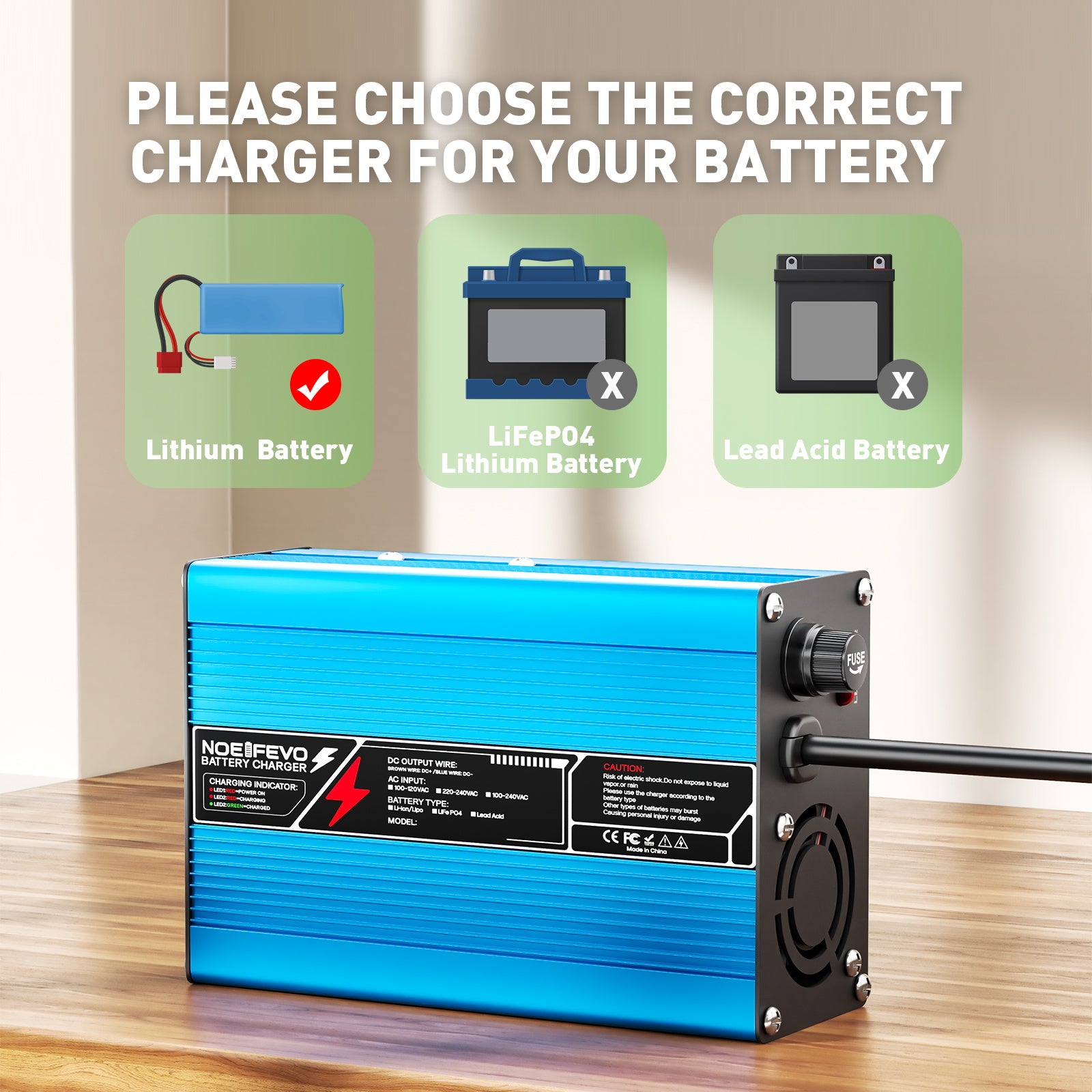 NOEIFEVO 37.8V 4A Lithium-oplader voor 9S 33.3V Li-Ion Lipo-batterijen, koelventilator, automatische uitschakeling (BLAUW).