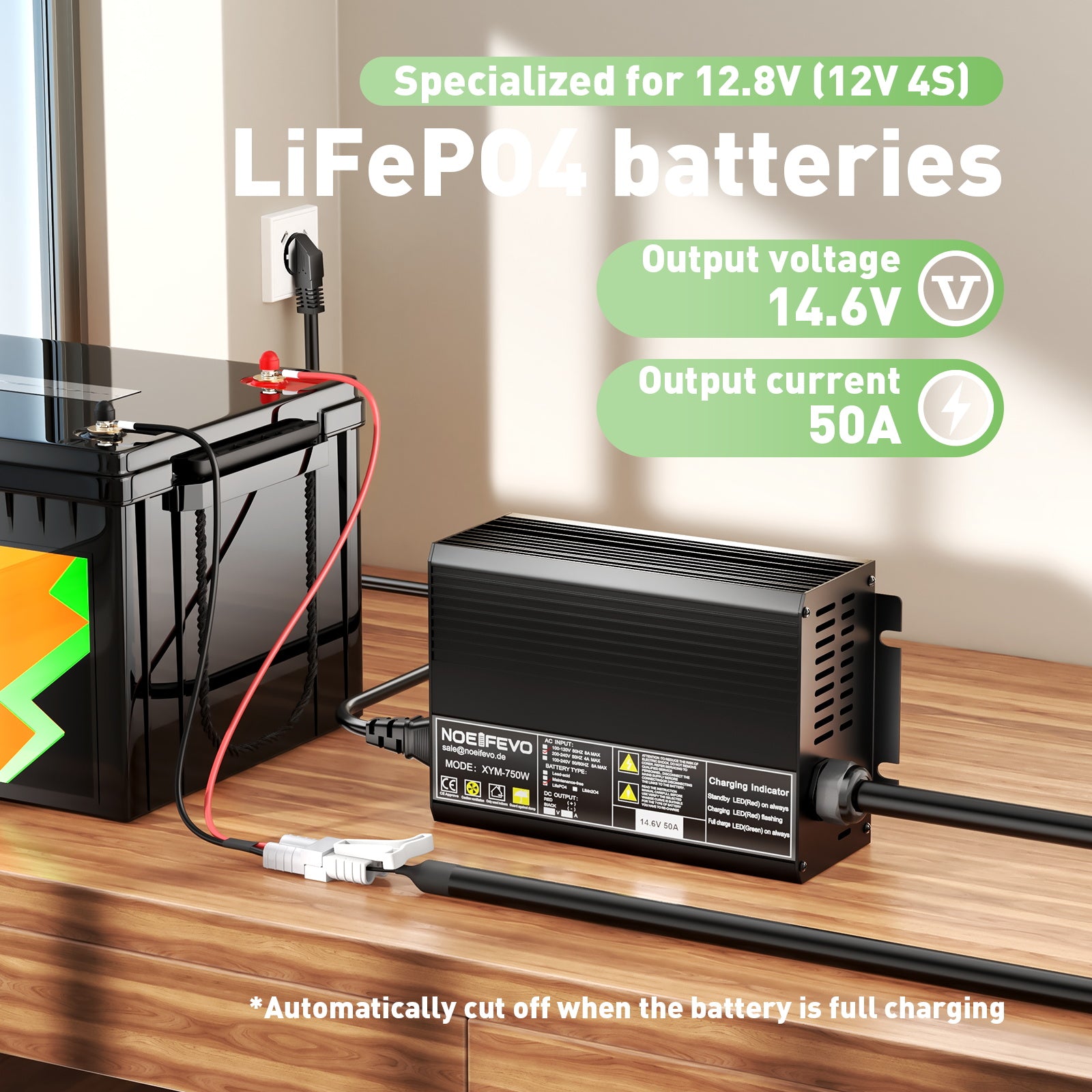 מטען סוללות Noeifevo 14.6V 50A מהיר ליתיום LiFePO4 לסוללת 12V(12.8V) LiFePO4, הפעלה של 0V BMS, כיבוי אוטומטי עם הגנה מלאה