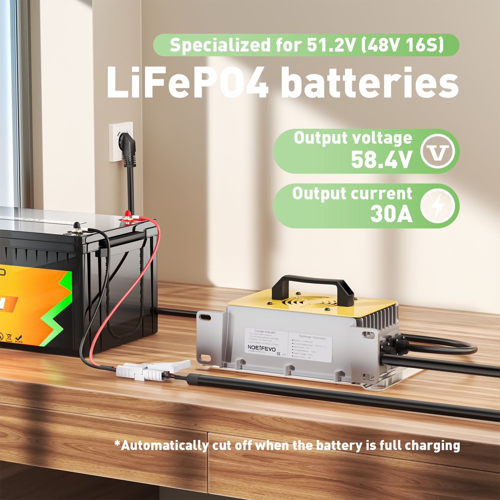 NOEIFEVO 58.4V 30A LiFePO4 batteriladdare för 51.2V(48V) 16S LiFePO4 batteri, vattentät, 0V BMS Enabled