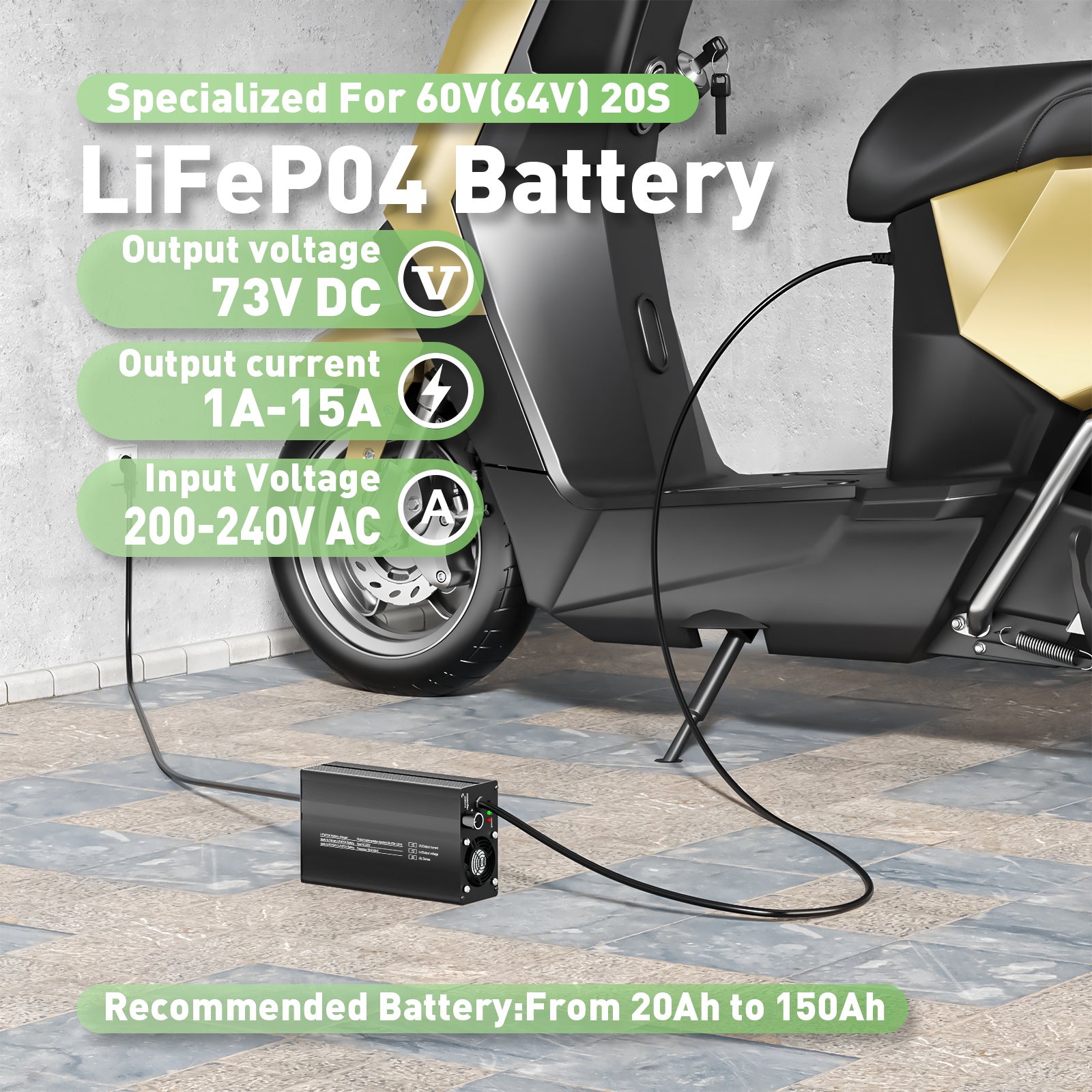 NOEIFEVO 60V 64V 15A LiFePO4 Lithium-Batterieladegerät, Ausgangsspannung 73V, Stromeinstellung 1–15A, langsames Laden und schnelles Laden (MLC1300)