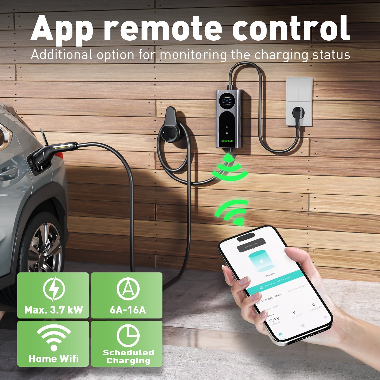 NOEIFEVO CY01 Type 2 Ladekabel Schuko 220V, 3,7kW Mobil Wallbox med APP, 6-16A 1-faset Ladekabel til Alle Elbiler (IEC 62196-2) & PHEVS