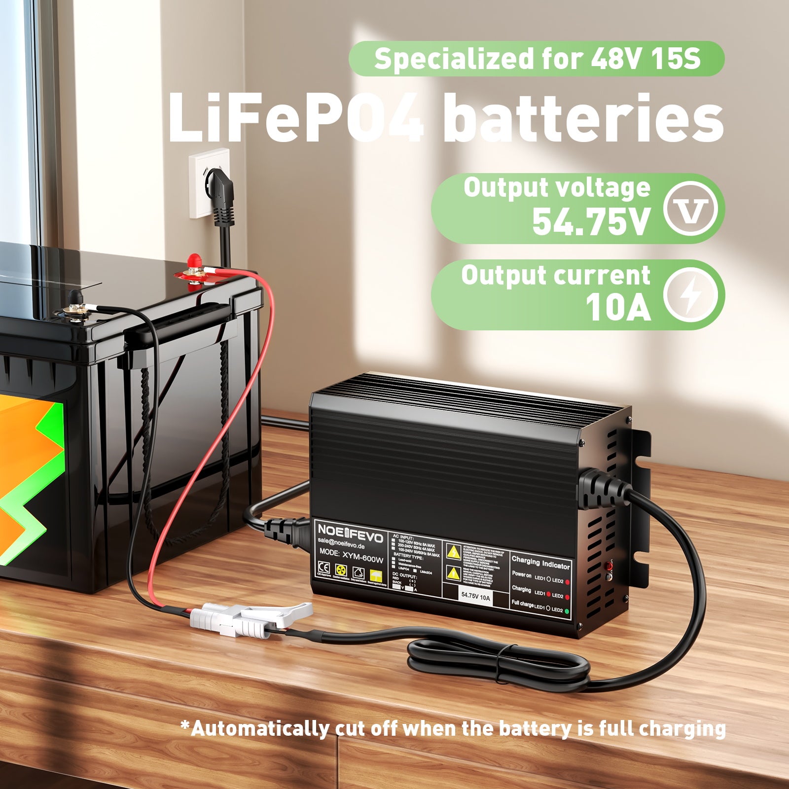 NOEIFEVO 54.75V 10A LiFePO4 batteriladdare för 48V 15S LiFePO4 batteri