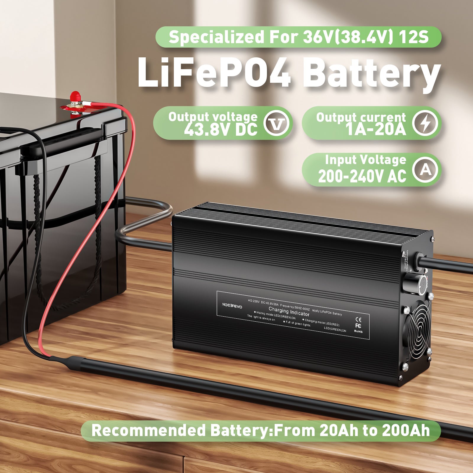 NOEIFEVO 43,8 V 20 A Lithium-LiFePO4-batterioplader til 38,4 V 12S LiFePO4-batteri, LCD-skærm, justerbar strøm, oplader til golfvogn, trollingmotor, båd og autocamper.