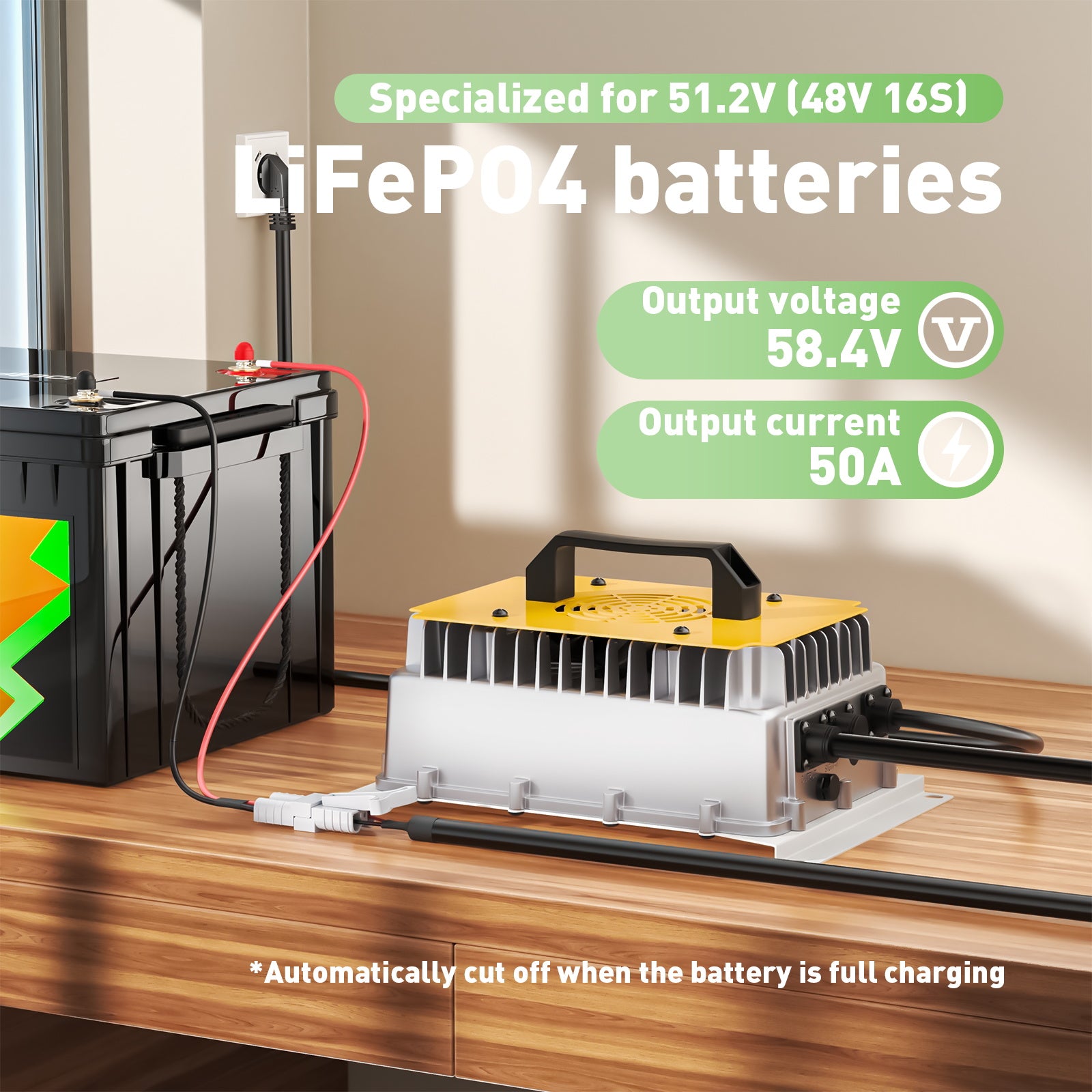 NOEIFEVO 58,4V 50A LiFePO4 nabíjačka pre 51,2V (48V) 16S LiFePO4 batériu, vodotesná, 0V BMS aktivovaná