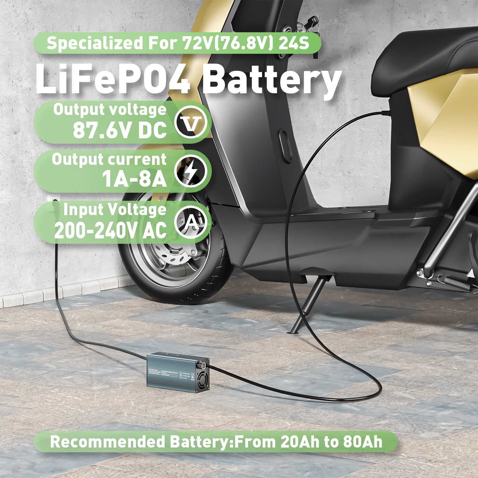 NOEIFEVO 87.6V 8A Lithium-LiFePO4-Akkuladegerät für 76.8V 24S LiFePO4-Akku, LCD-Anzeige, Strom einstellbar, Ladegerät für Golfwagen, Trolling-Motor, Boot und Wohnmobile