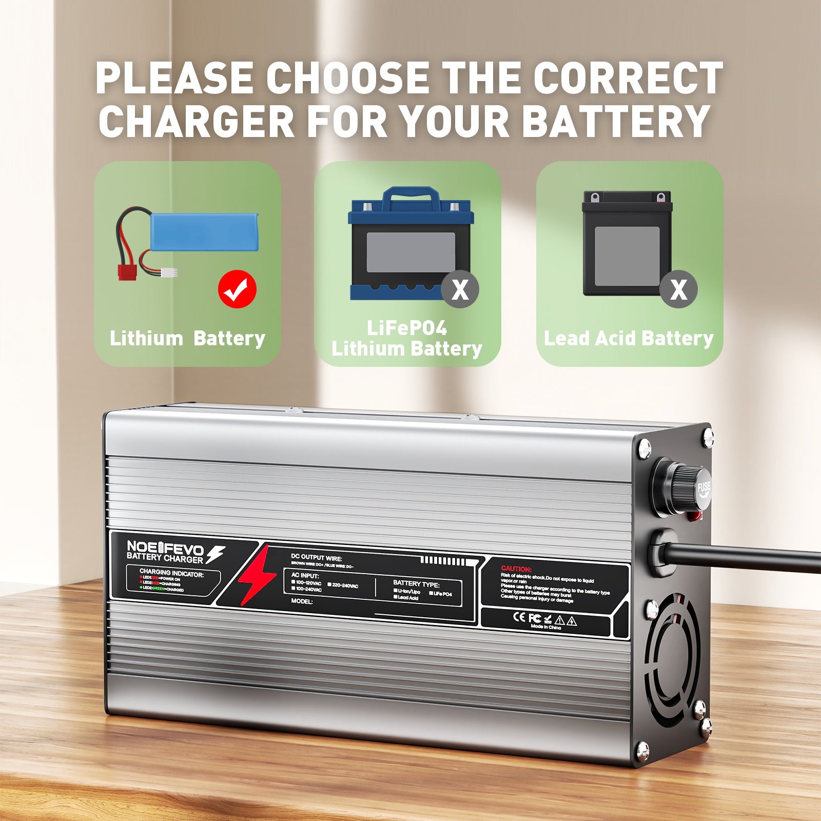 NOEIFEVO 29,2V 15A LiFePO4 batterilader til 24V (25,6V) 4S batteri, automatisk slukning, aluminiumhus, med blæser (sølv)