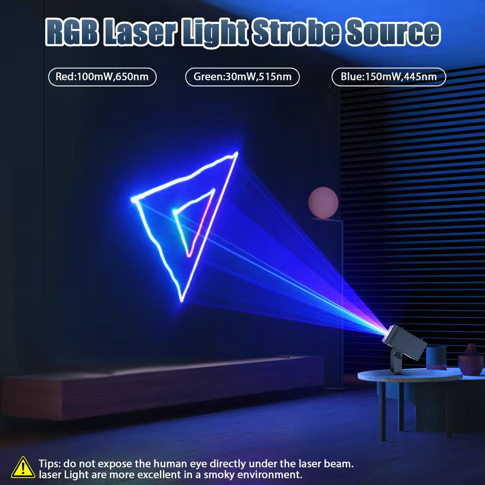 Laser-scene-projektor med RGB-laserskanningseffekter, LED-interiørbelysning for scene – ideell for DJs, diskotek, bursdag- og bryllupsfester. Støtter DMX512 og lydaktiv drift