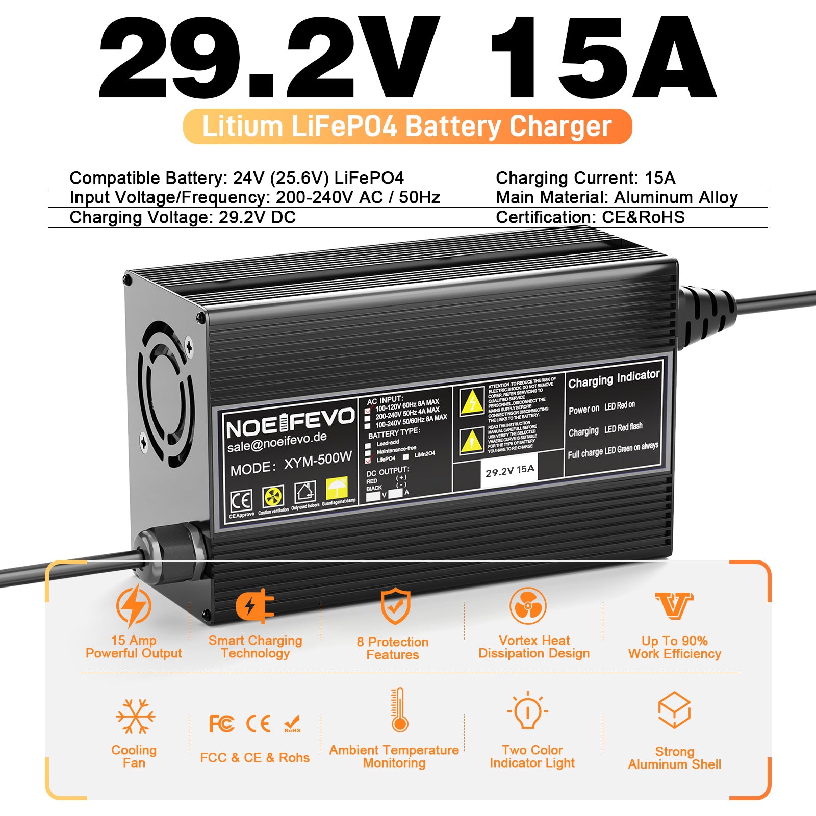 מטען סוללות Noeifevo 29.2V 15A LiFePO4 לסוללת ליתיום 24V 25.6V, הפעלת BMS 0V, כיבוי אוטומטי עם הגנה מלאה