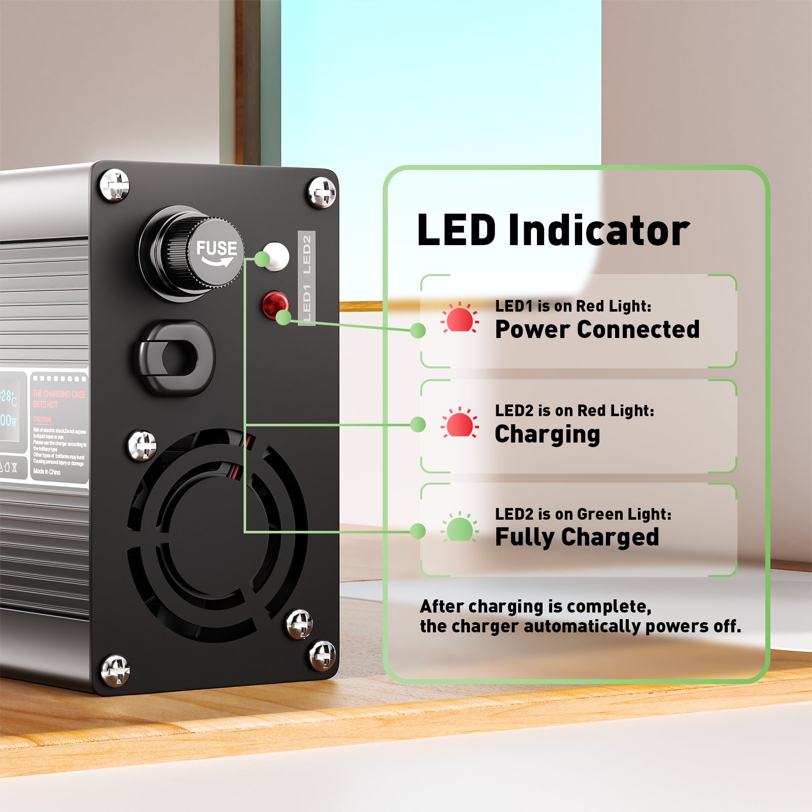 NOEIFEVO 36.5V 4A LiFePO4 batteriladdare för 10S 32V LiFePO4-batteri, med LCD-display, kylfläkt, automatisk avstängning