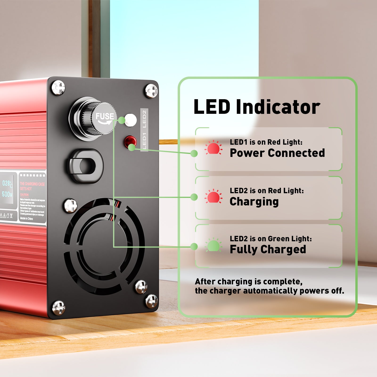 NOEIFEVO 60V 6A Blei-Säure-Batterieladegerät, Ladespannung 69V-73.5V, automatische Abschaltung, OLED-Display, Aluminiumgehäuse, mit Lüfter