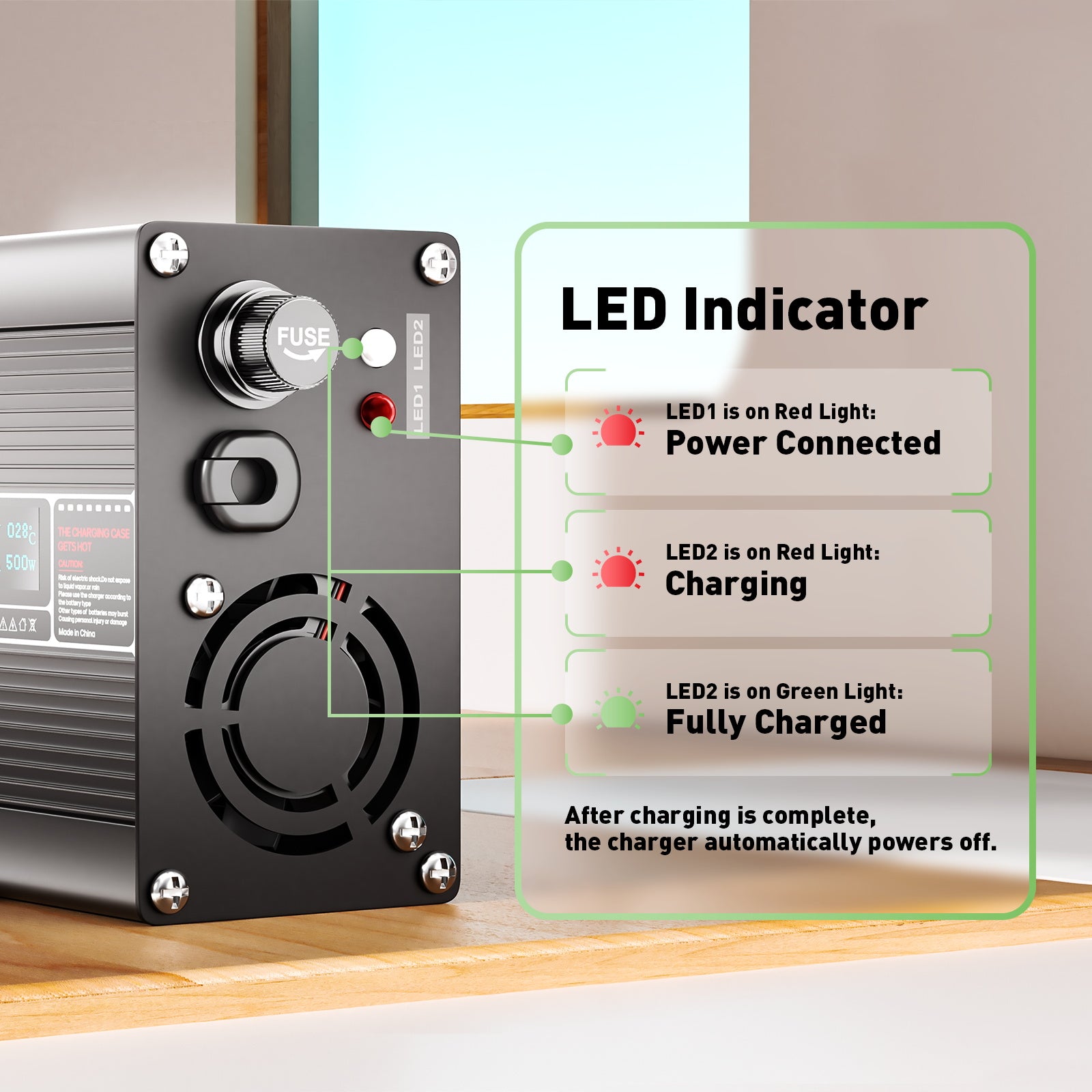 NOEIFEVO 75.6V 6A Carregador de Lítio para Bateria 18S 66.6V, Display LED, Caixa de Alumínio, Ventilador