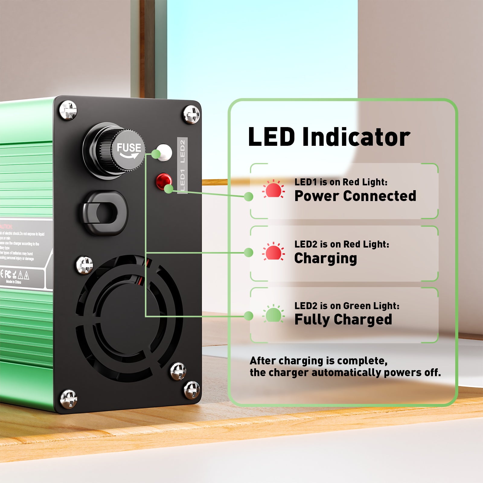 NOEIFEVO 50.4V 3A Lithium-Lader til 12S 44.4V Li-Ion Lipo-batterier, Køleventilator, Automatisk Slukning (GRØN)