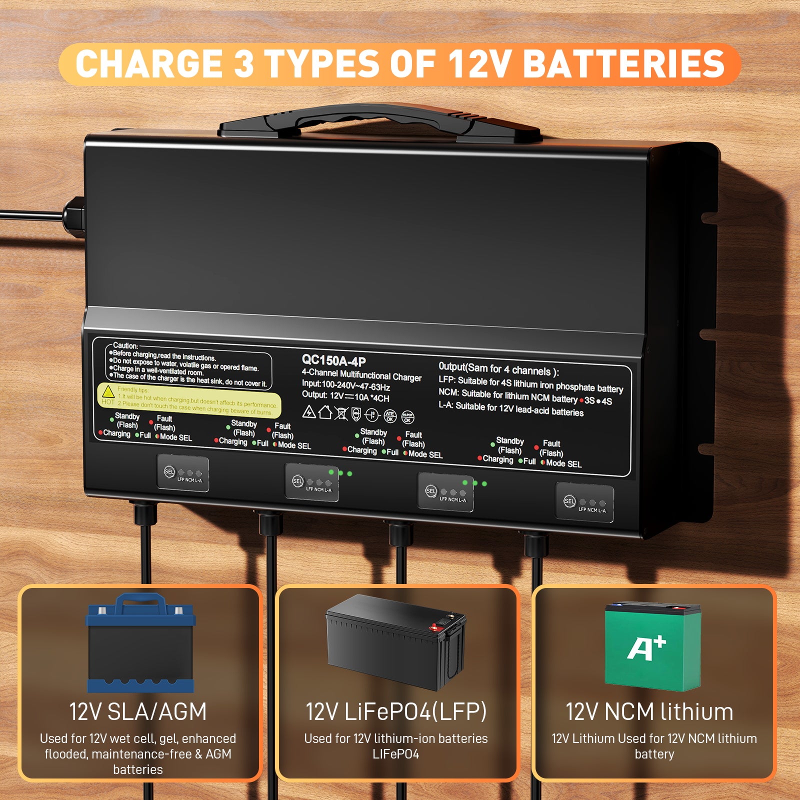 NOEIFEVO Caricabatterie universale 12V 40A 4 banchi (10A/banco), caricabatterie impermeabile 12V LiFePO4 al litio-piombo per camper, barca, moto, tosaerba, motore da traino e batteria al piombo-acido
