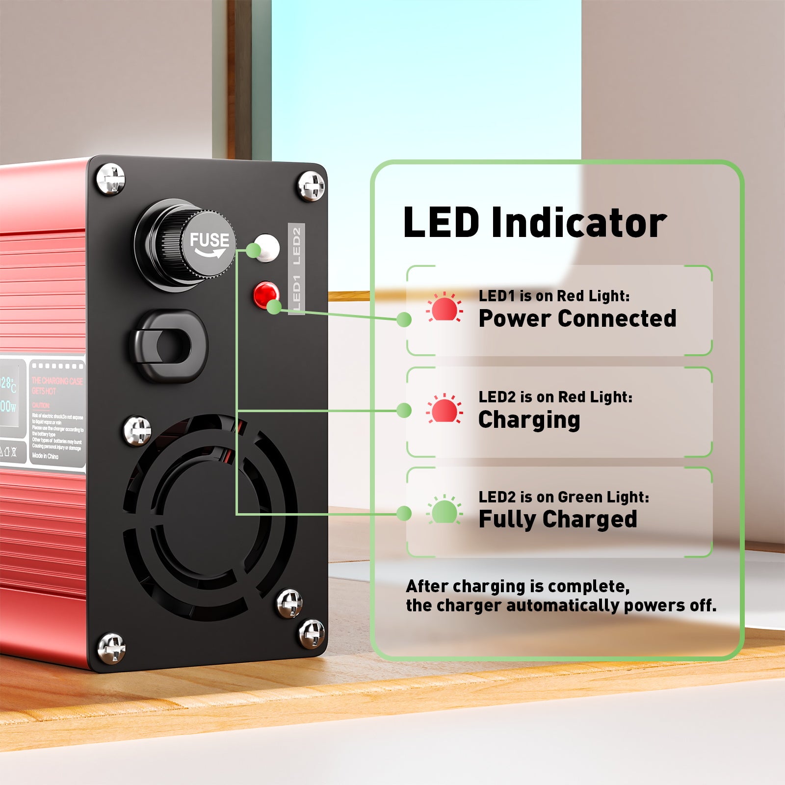 NOEIFEVO 50.4V 3A Cargador de Litio para baterías 12S 44.4V Li-Ion Lipo, con ventilador de refrigeración y apagado automático (ROJO)