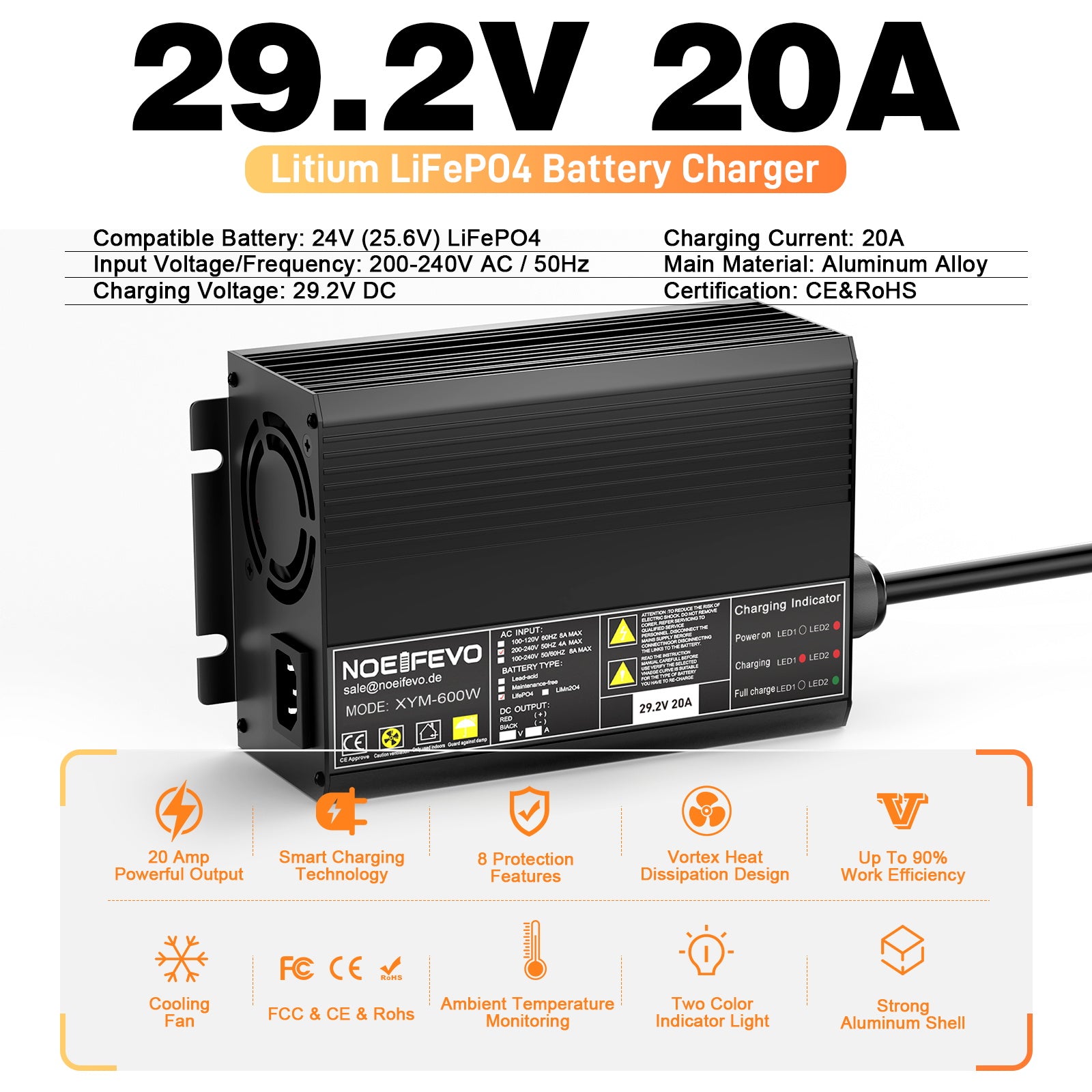 Noeifevo 29,2V 20A LiFePO4 batterioplader til 24V 25,6V lithiumbatteri, 0V BMS aktivering, automatisk nedlukning med fuld beskyttelse