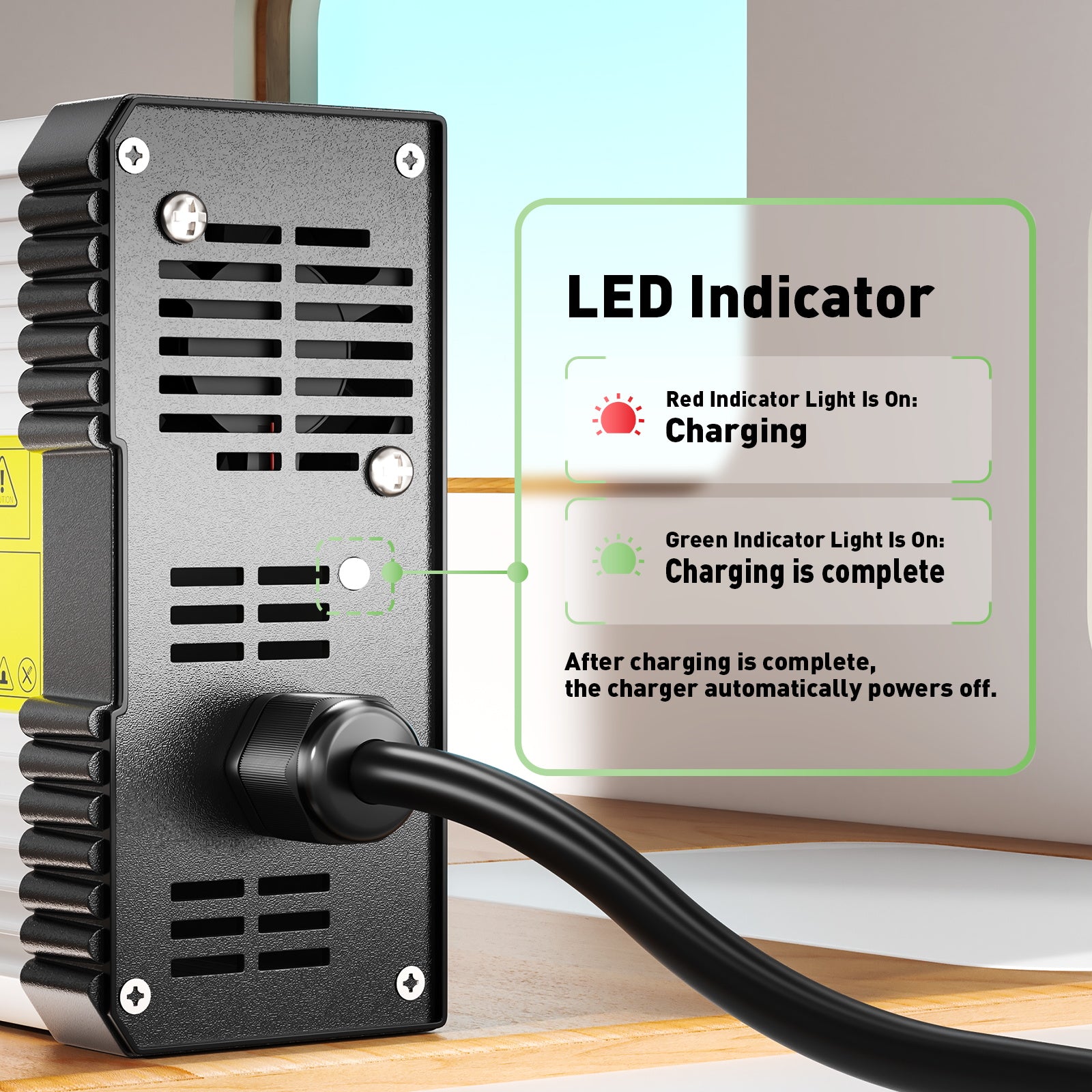 Caricabatterie al litio NOEIFEVO 134V 3,5A per batteria al litio 32S 118,4V 120V, con ventilatore di raffreddamento e spegnimento automatico.