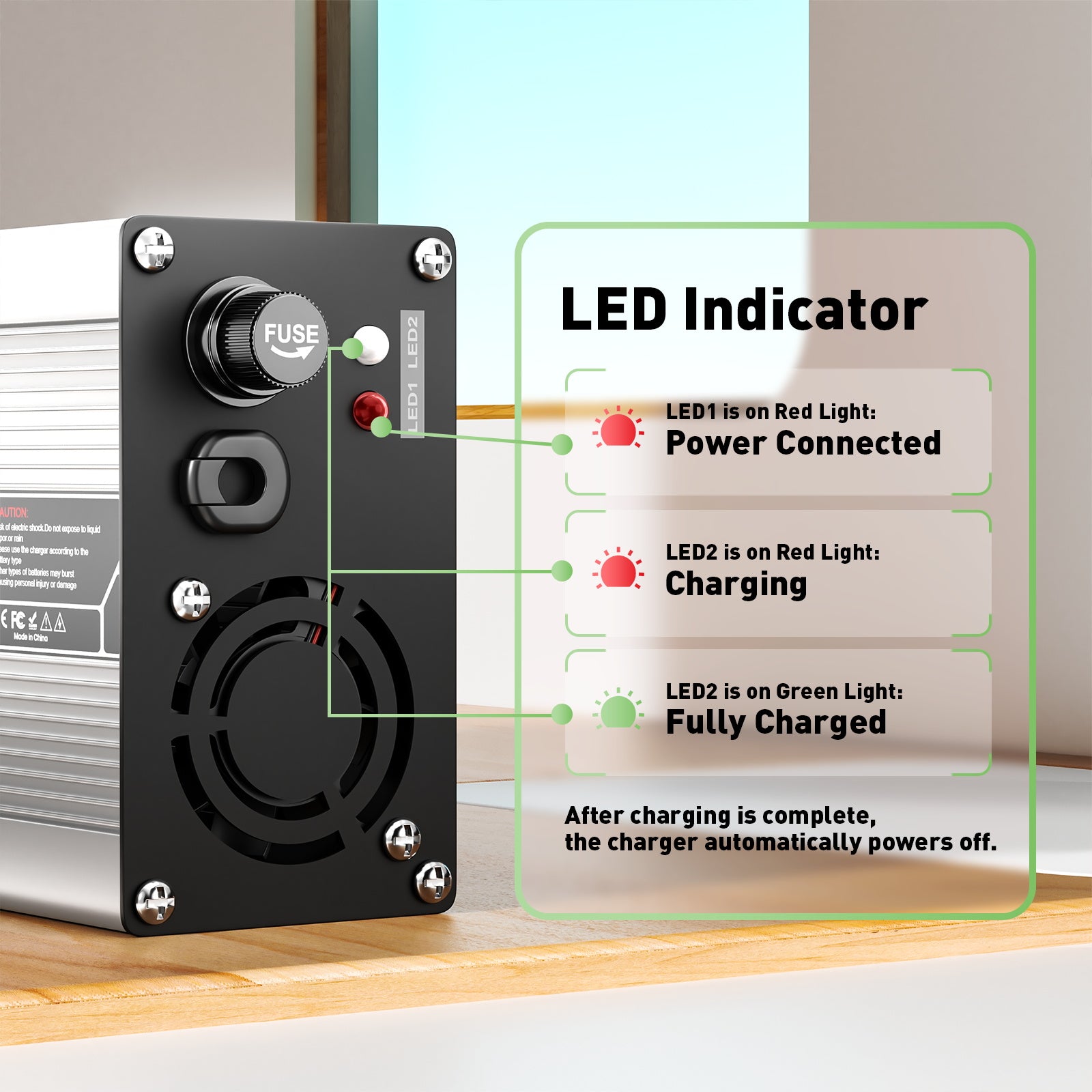 NOEIFEVO 43.8V 4A LiFePO4 batteriladdare för 12S 36V 38.4V LiFePO4-batteri, kylfläkt, automatisk avstängning