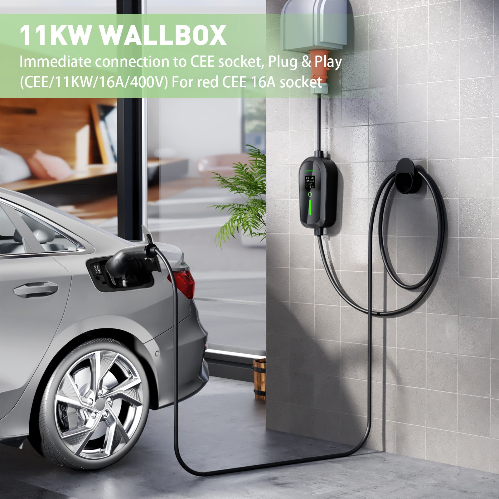 NOEIFEVO EV Wallbox 11kW mit App, Mobile Ladestation 3-Phasen 400V (6-16A einstellbar), Type 2 Ladekabel mit EU-Reiseadapter (CEE32/CEE16A/Schuko/Type2 Stecker), IP65 wasserdicht, RCD-Schutz, Tuya Smart APP.