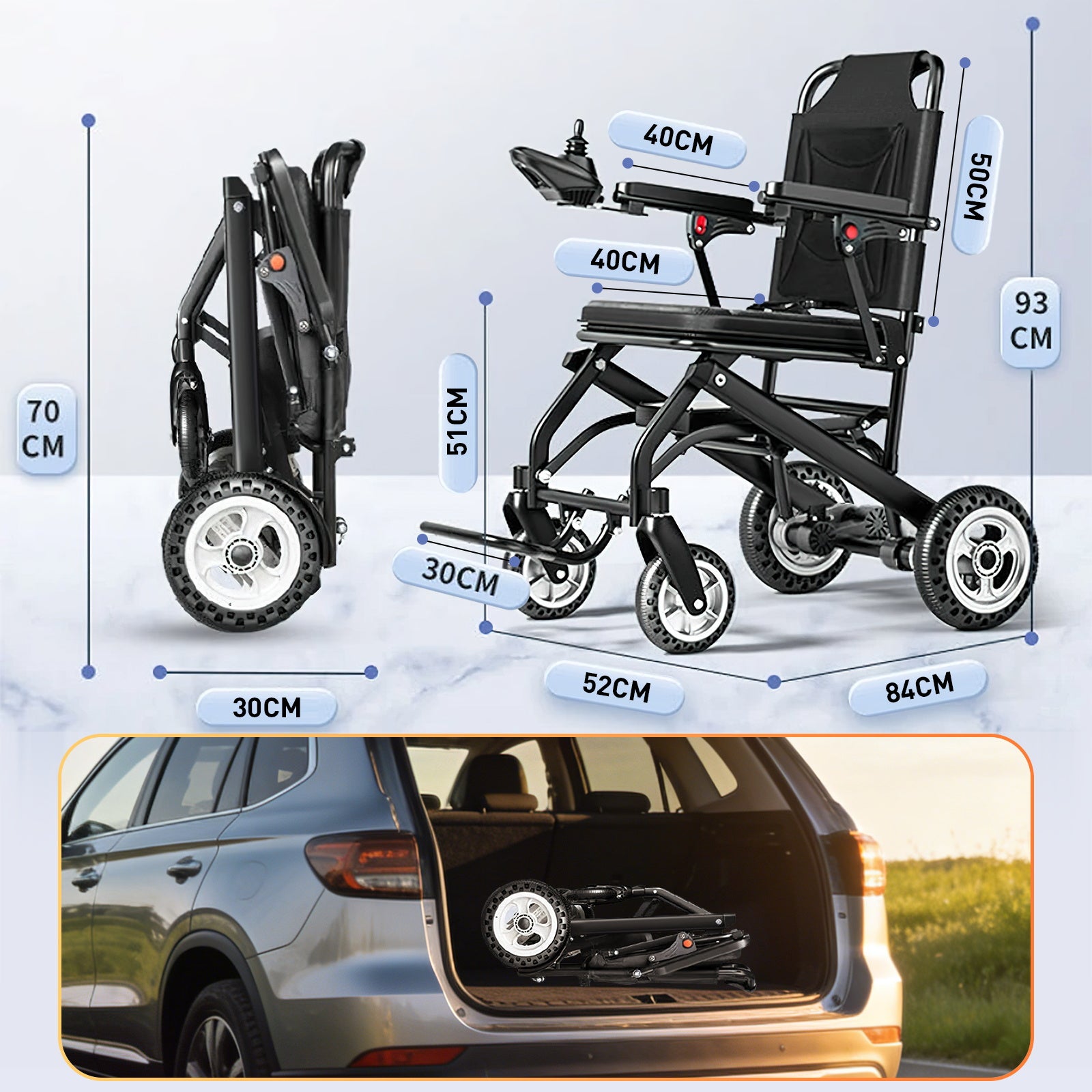 Elektrický invalidní vozík – 13.6kg, 300W motor, odnímatelný lithiumový akumulátor, elektromagnetická brzda, nosnost 100kg, lehký elektrický skládací vozík ideální pro cestování & každodenní použití