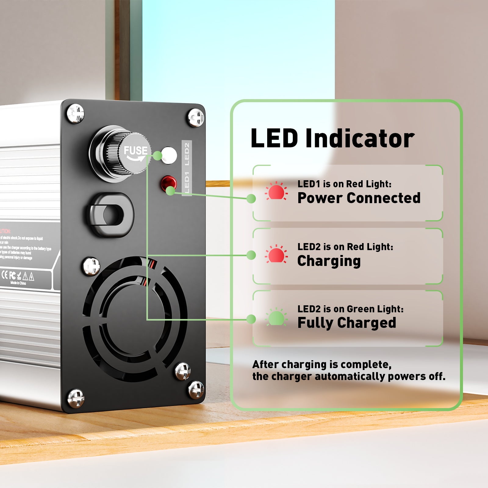 NOEIFEVO 24V 15A olověný nabíječ, nabíjecí napětí 27,6V-29,4V, automatické vypnutí, hliníkový kryt, s ventilátorem