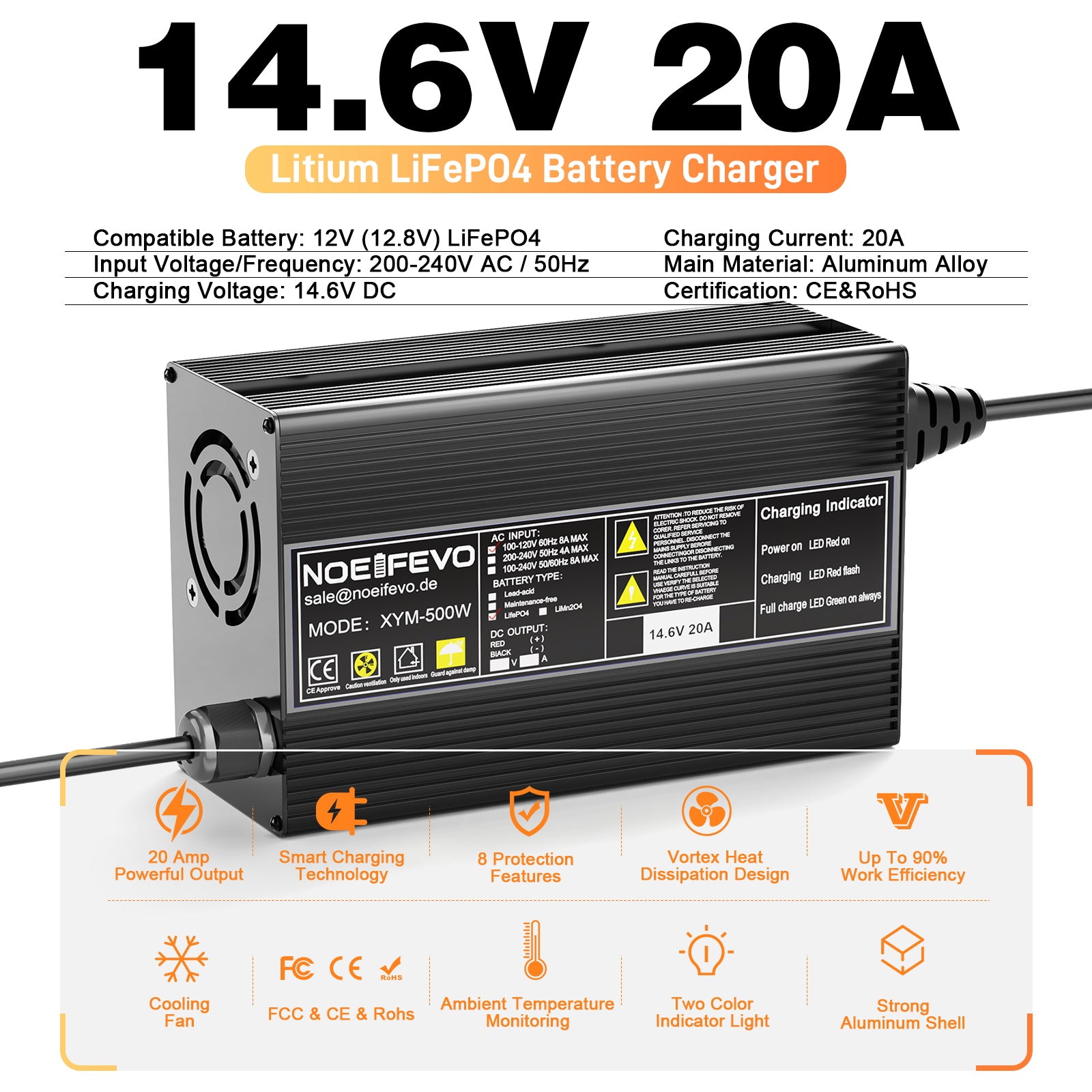 Noeifevo 14,6V 20A LiFePO4 Nabíječka baterií  pro lithiovou baterii 12V 12,8V LiFePO4, 0V BMS Activate, Automatické vypnutí, Kryt z hliníkové slitiny