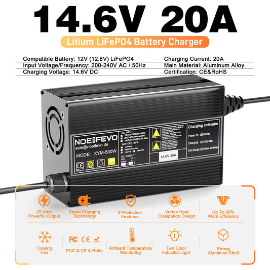 Noeifevo 14.6V 20A LiFePO4 nabíječka baterií pro 12V 12.8V LiFePO4 lithiumovou baterii, aktivace 0V BMS, automatické vypnutí, hliníkové pouzdro