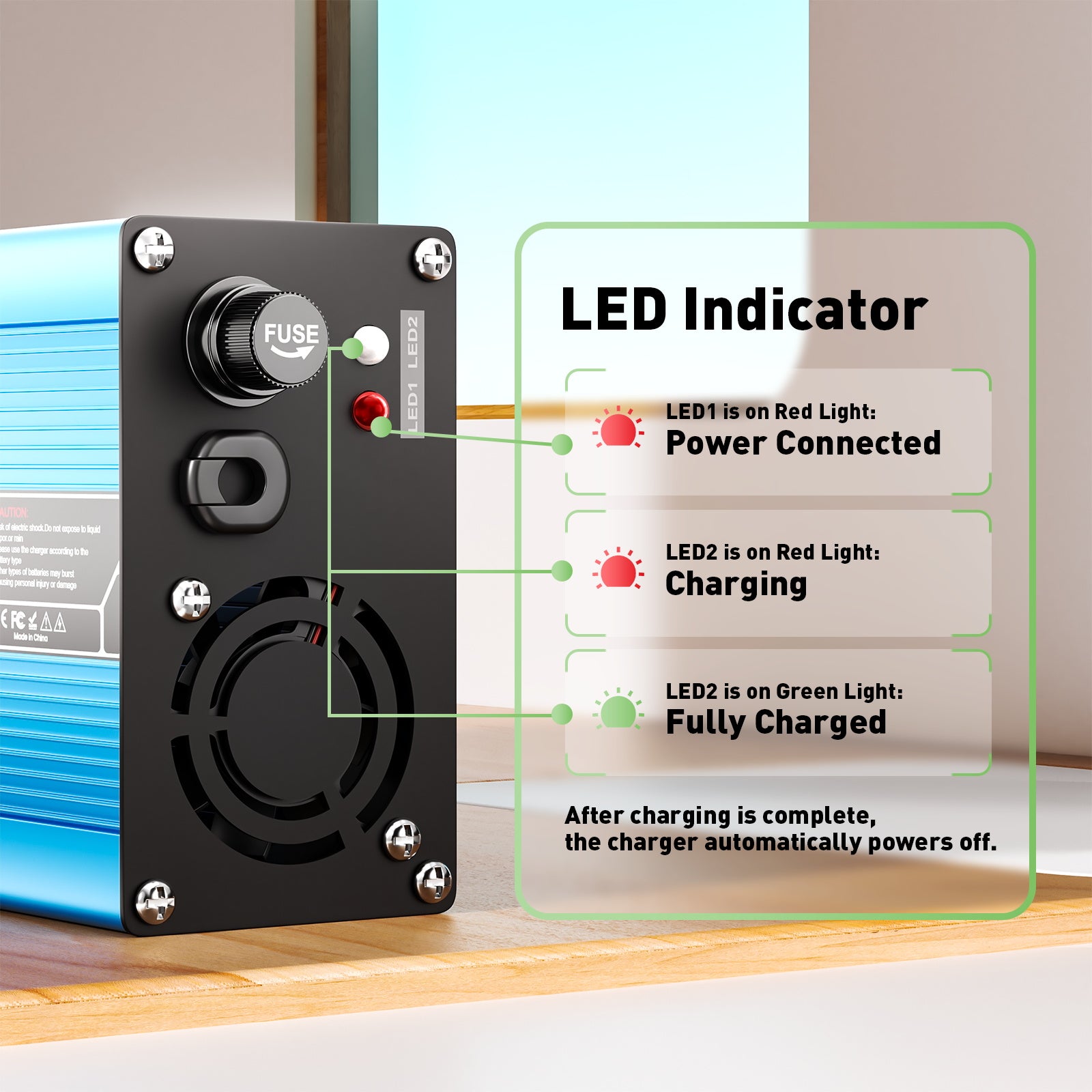 Carregador de Lítio NOEIFEVO 58.8V 2A 2.5A 3A para Baterias Li-Ion Lipo 14S 51.8V, com Ventilador de Refrigeração, Desligamento Automático (AZUL)