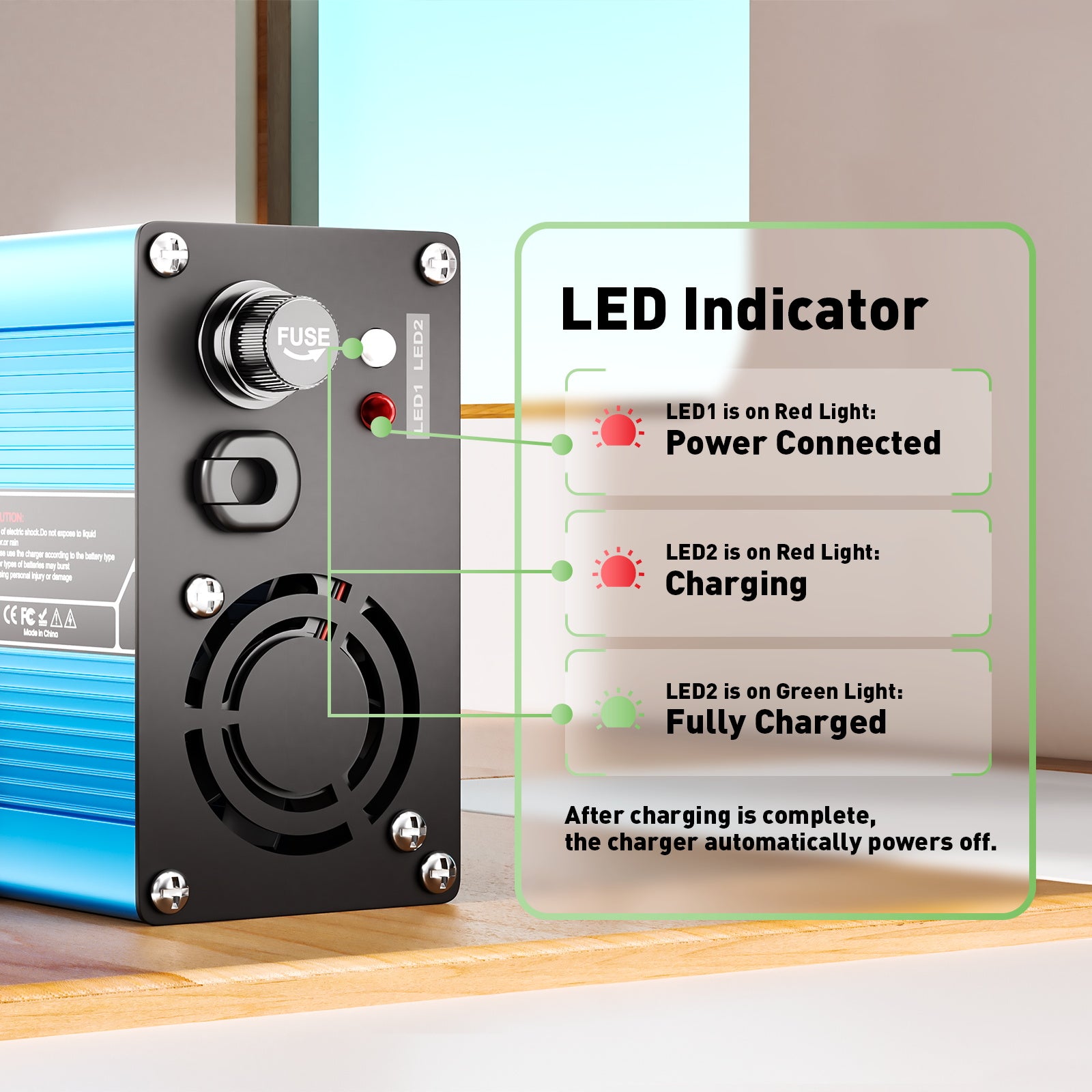 NOEIFEVO 12V 20A Caricabatterie al piombo-acido, tensione di carica 13,8V-14,7V, spegnimento automatico, involucro in alluminio, con ventilatore (blu)