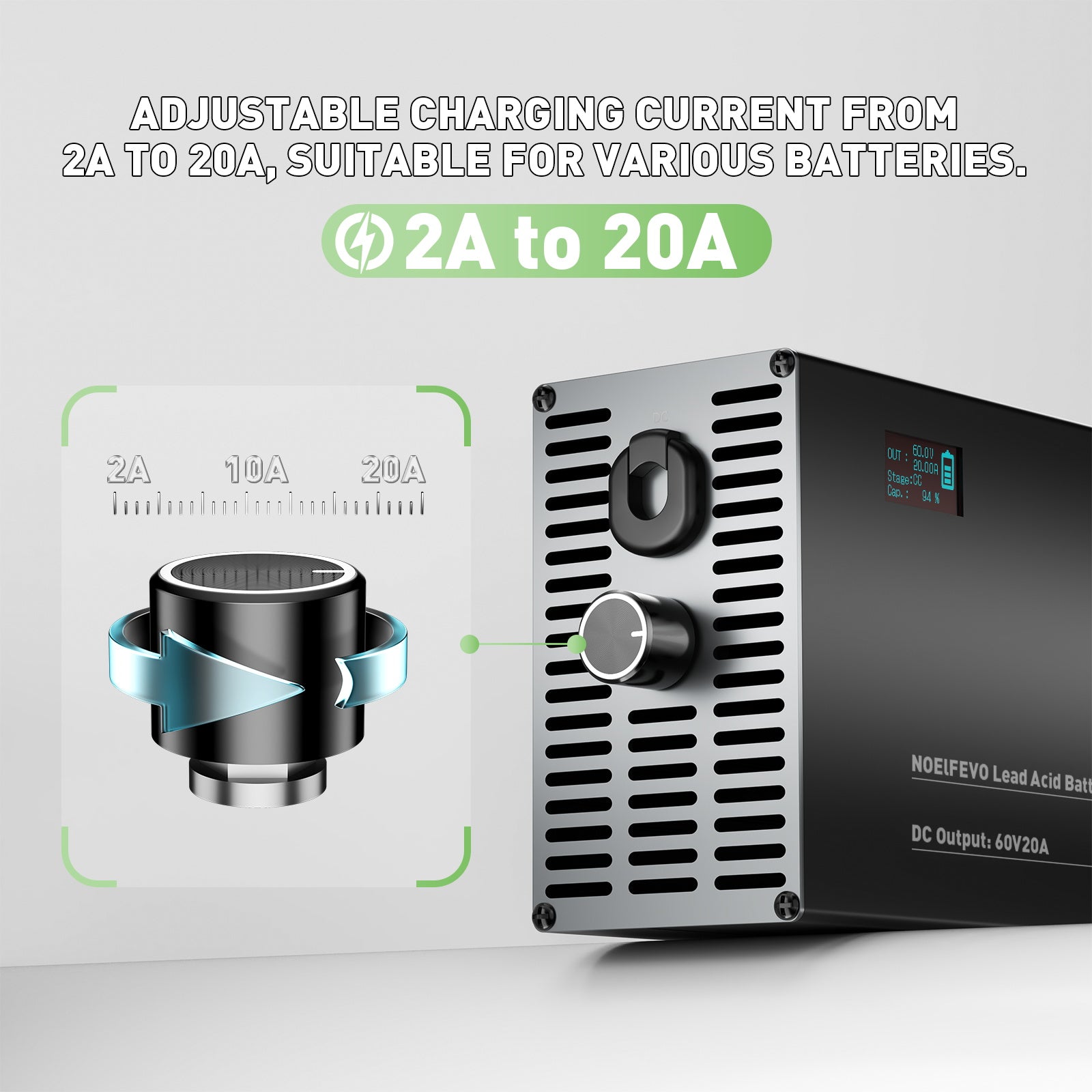 NOEIFEVO 60V 2A-20A Ström Justerbart Batteriladdare för Bly-Syra-Batterier, AGM, Gel, Golfvagns-Batteriladdare, LED-Display