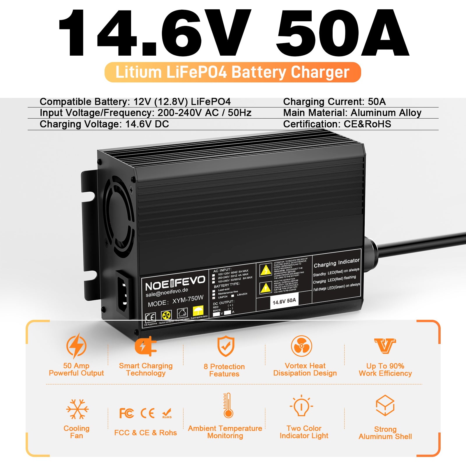 Noeifevo 14.6V 50A Snelle Lithium LiFePO4 Batterijlader voor 12V (12.8V) LiFePO4 Batterij, 0V BMS Activering, Automatische Uitschakeling met Volledige Bescherming
