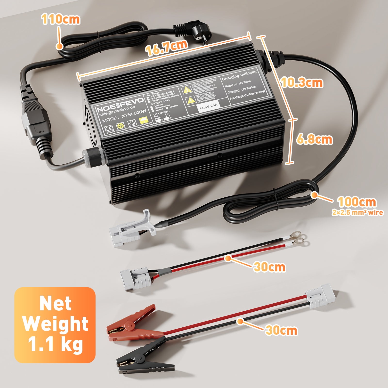 Noeifevo 14,6V 20A LiFePO4 Nabíječka baterií  pro lithiovou baterii 12V 12,8V LiFePO4, 0V BMS Activate, Automatické vypnutí, Kryt z hliníkové slitiny
