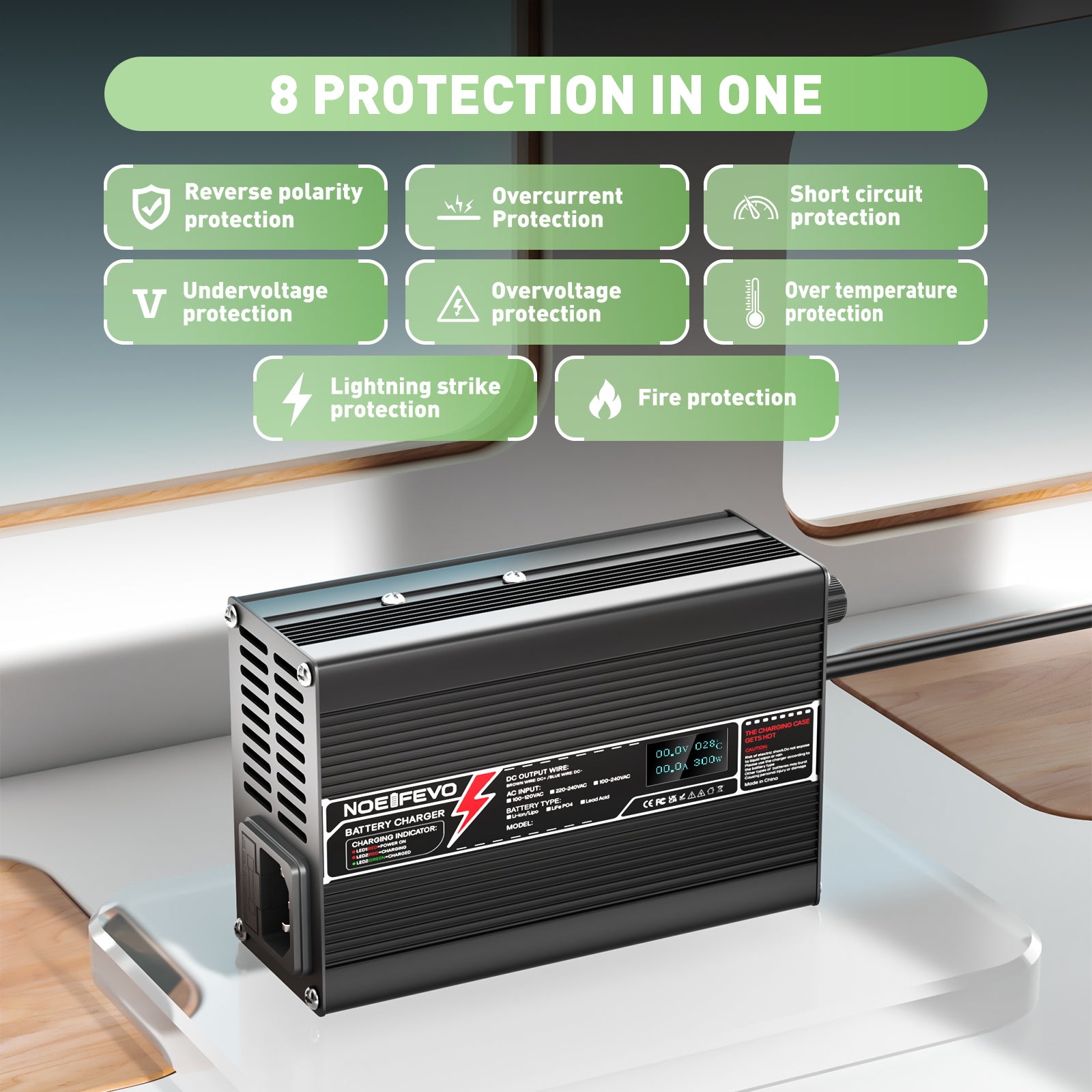 NOEIFEVO 37.8V 3A Lithium-batterilader til 9S 33.3V Li-Ion Lipo-batterier, med LCD-skærm, køleventilator, automatisk afbrydelse