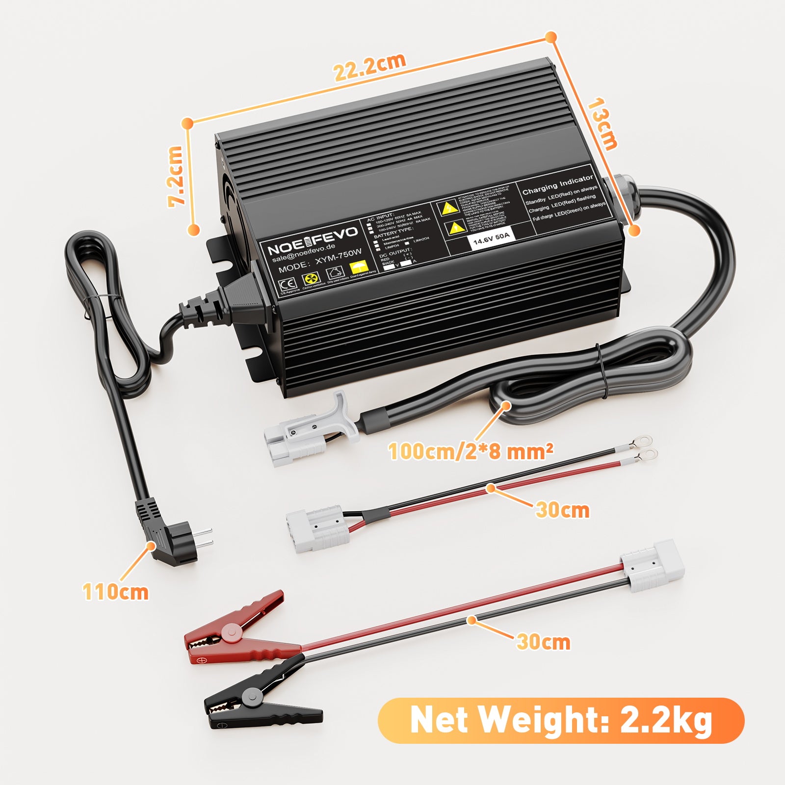 Noeifevo 14.6V 50A Snelle Lithium LiFePO4 Batterijlader voor 12V (12.8V) LiFePO4 Batterij, 0V BMS Activering, Automatische Uitschakeling met Volledige Bescherming