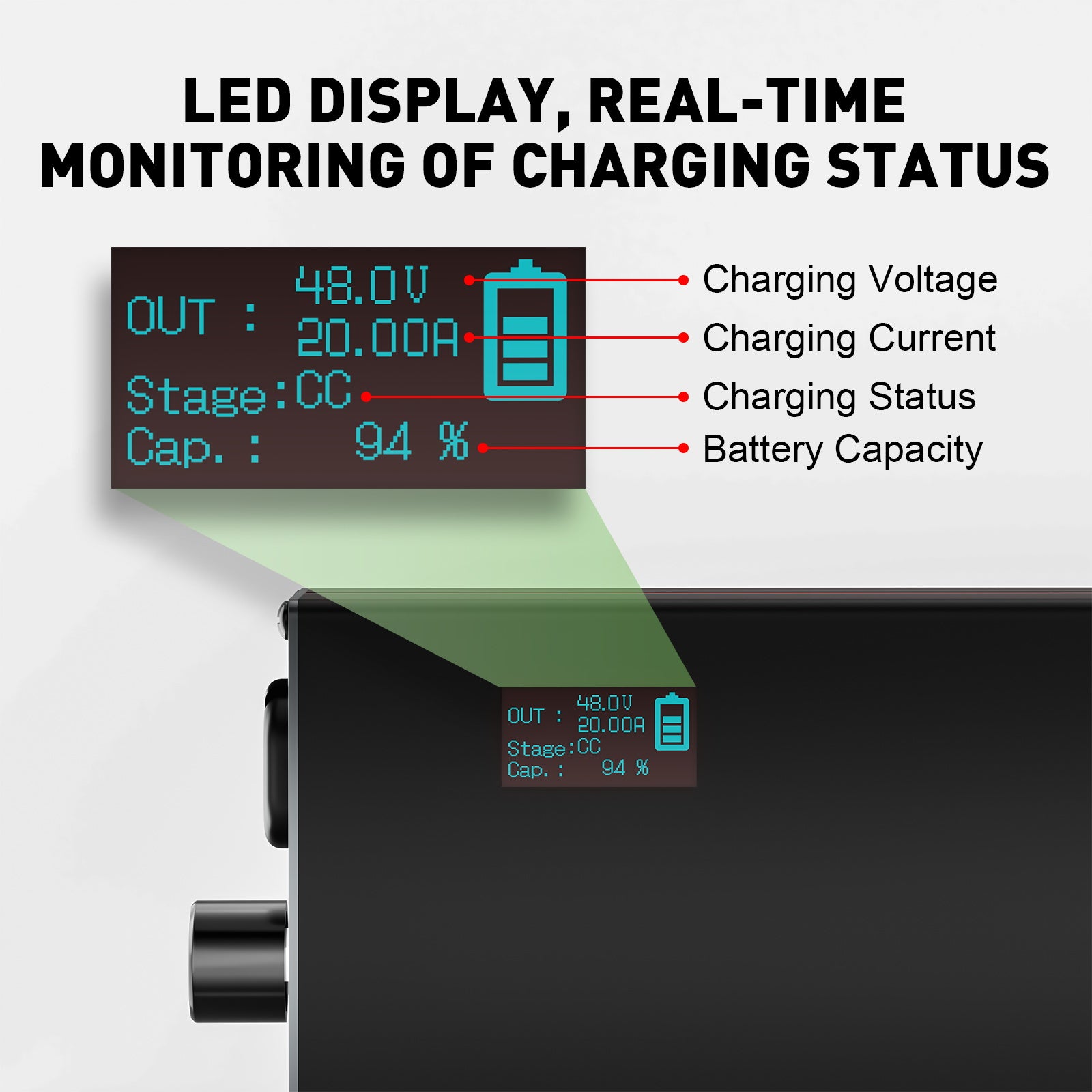 NOEIFEVO 48V 2A-20A Strøm Justerbart Batterioplader til Blysyre Batterier, AGM, Gel, Golfvogn Batterioplader, LED-Display