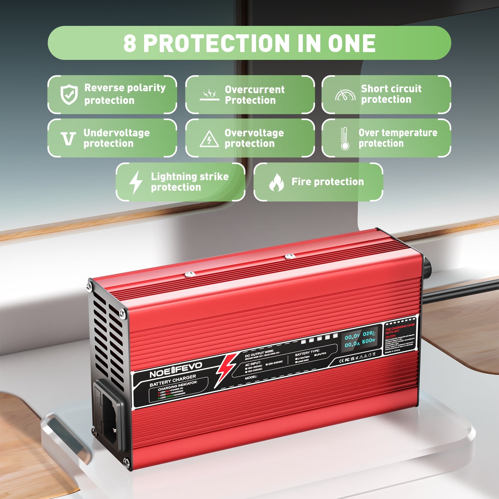 NOEIFEVO 60V 6A Bly-syrabatteriladdare, Laddspänning 69V-73,5V, automatisk avstängning, OLED-display, aluminiumhus, med fläkt